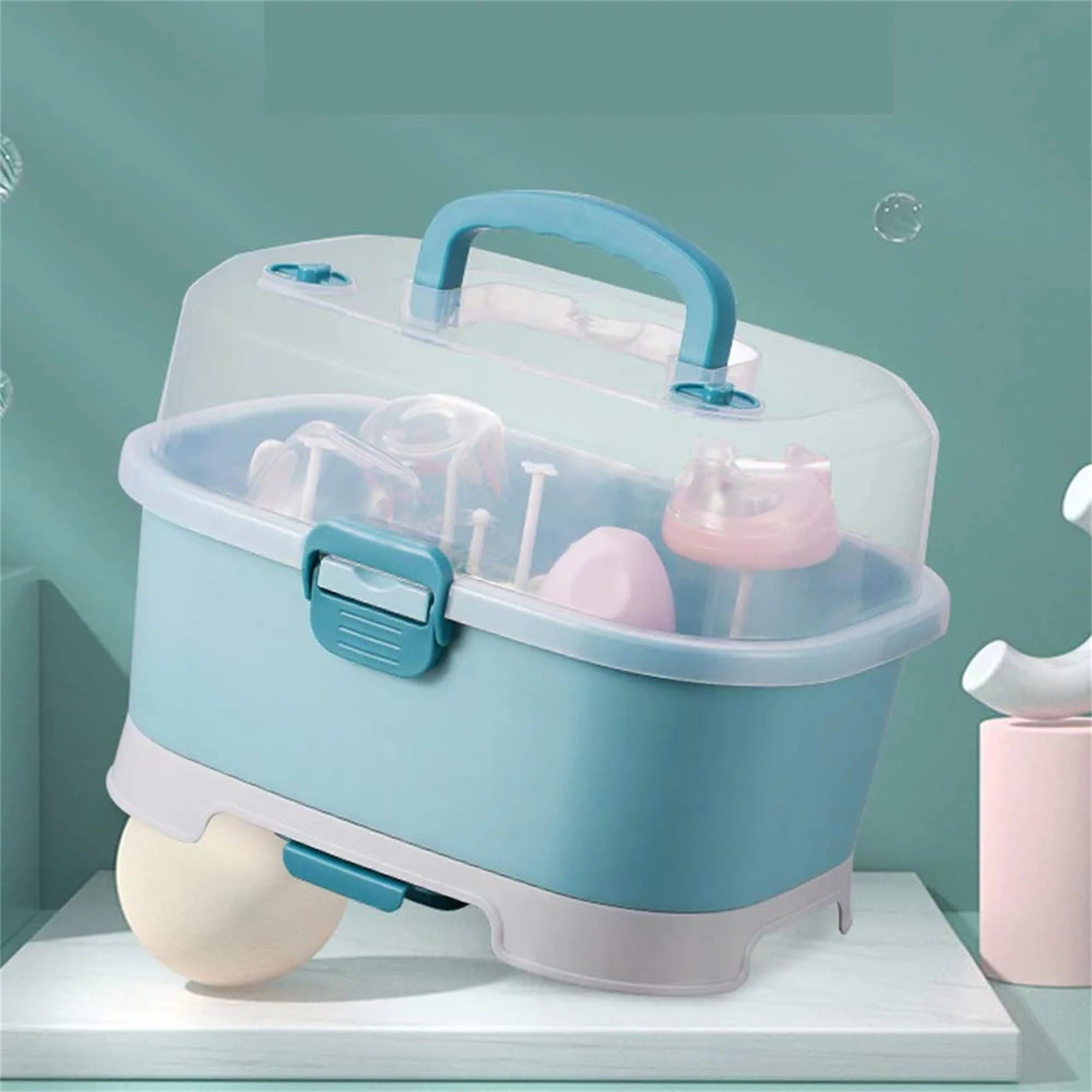 Baby Bottle Drying Rack Storage, Nursing Bottle Storage Box Organizer with Cover, Portable Kitchen Cabinet Organizer, High Capacity Bottle Dryer Holder for Bottles(Blue,11.81