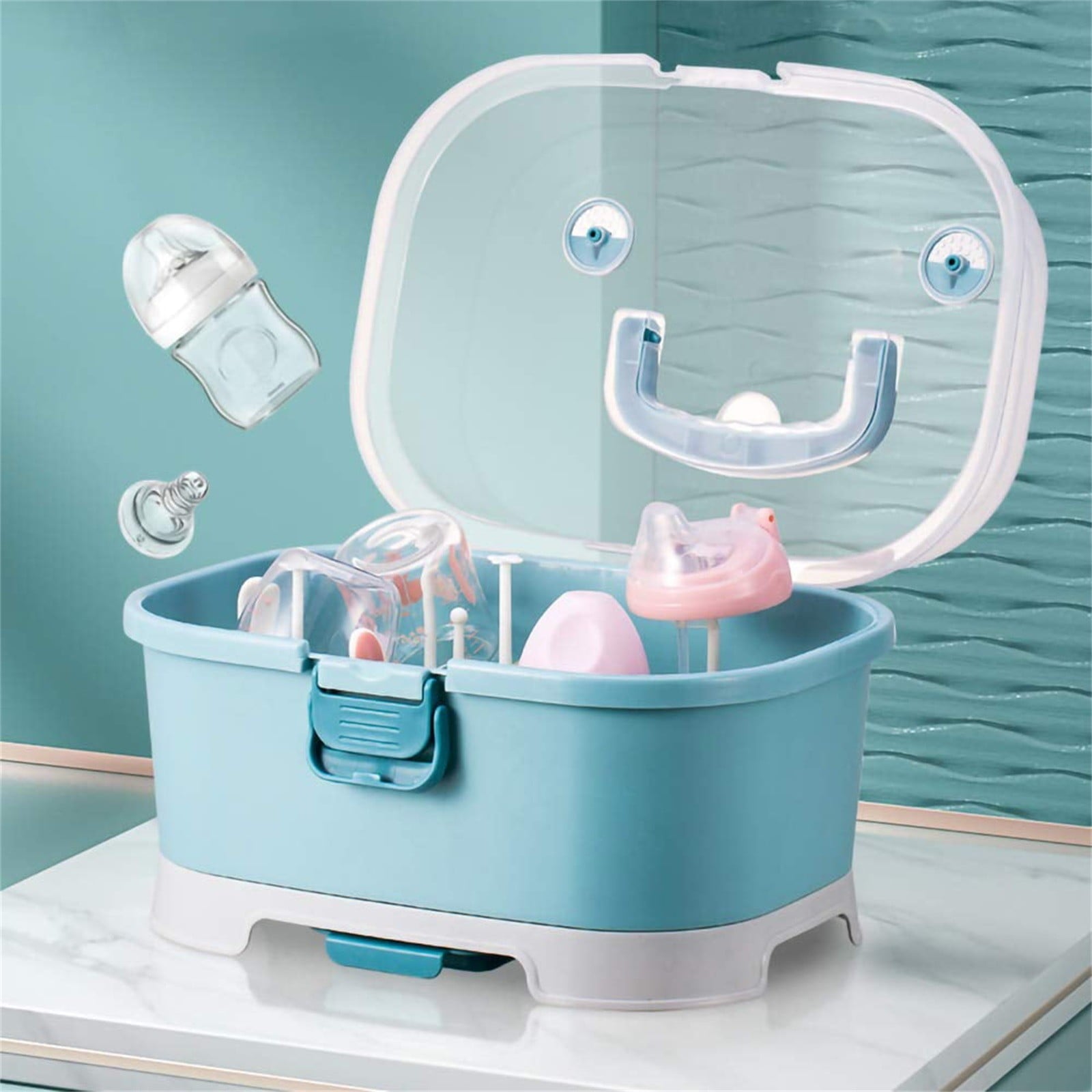 Baby Bottle Drying Rack Storage, Nursing Bottle Storage Box Organizer with Cover, Portable Kitchen Cabinet Organizer, High Capacity Bottle Dryer Holder for Bottles(Blue,11.81