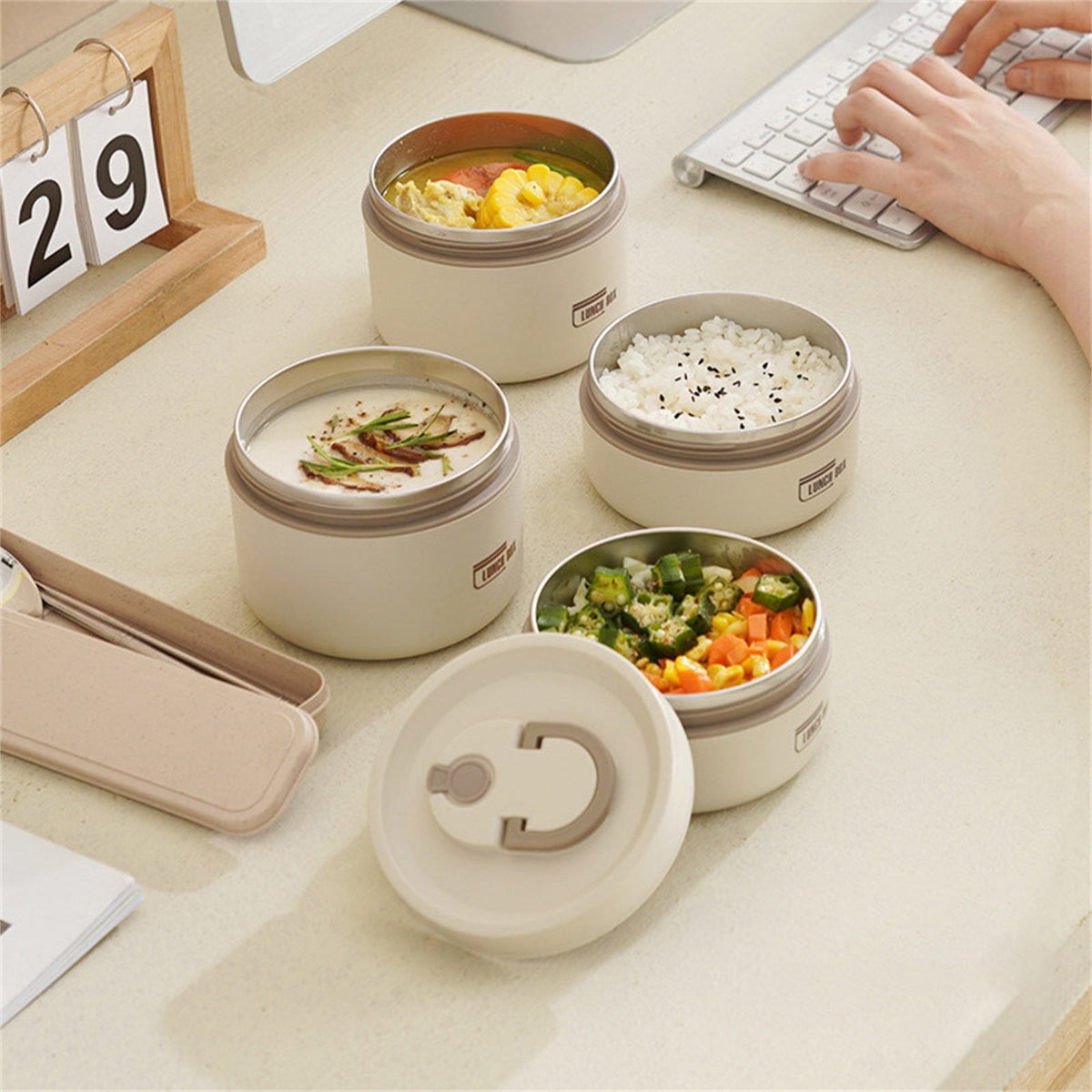 Insulated Bento Lunch Box, Leak Resistant Thermal Food Container for Adults, Meals, Fruit, Sauces and Daily Travel, Beige