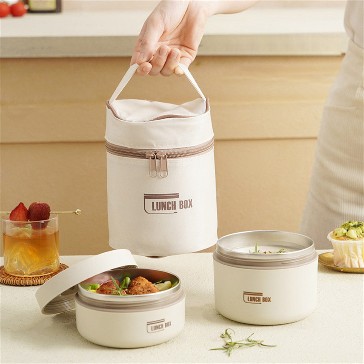 Insulated Bento Lunch Box, Leak Resistant Thermal Food Container for Adults, Meals, Fruit, Sauces and Daily Travel, Beige