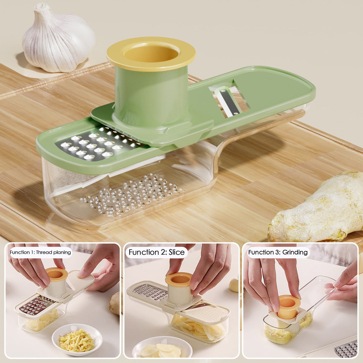 Mini Garlic Slicer Multi-Functional Mandoline Slicer Veggie Garlic Ginger Grinder Vegetable Mandoline Cutter with Container,Household Stainless Steel Wireslicer Ginger, Garlic Hand Cutting Tool Beige