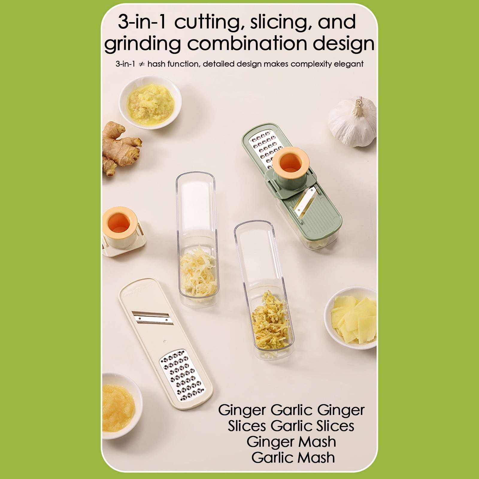 Mini Garlic Slicer Multi-Functional Mandoline Slicer Veggie Garlic Ginger Grinder Vegetable Mandoline Cutter with Container,Household Stainless Steel Wireslicer Ginger, Garlic Hand Cutting Tool Beige