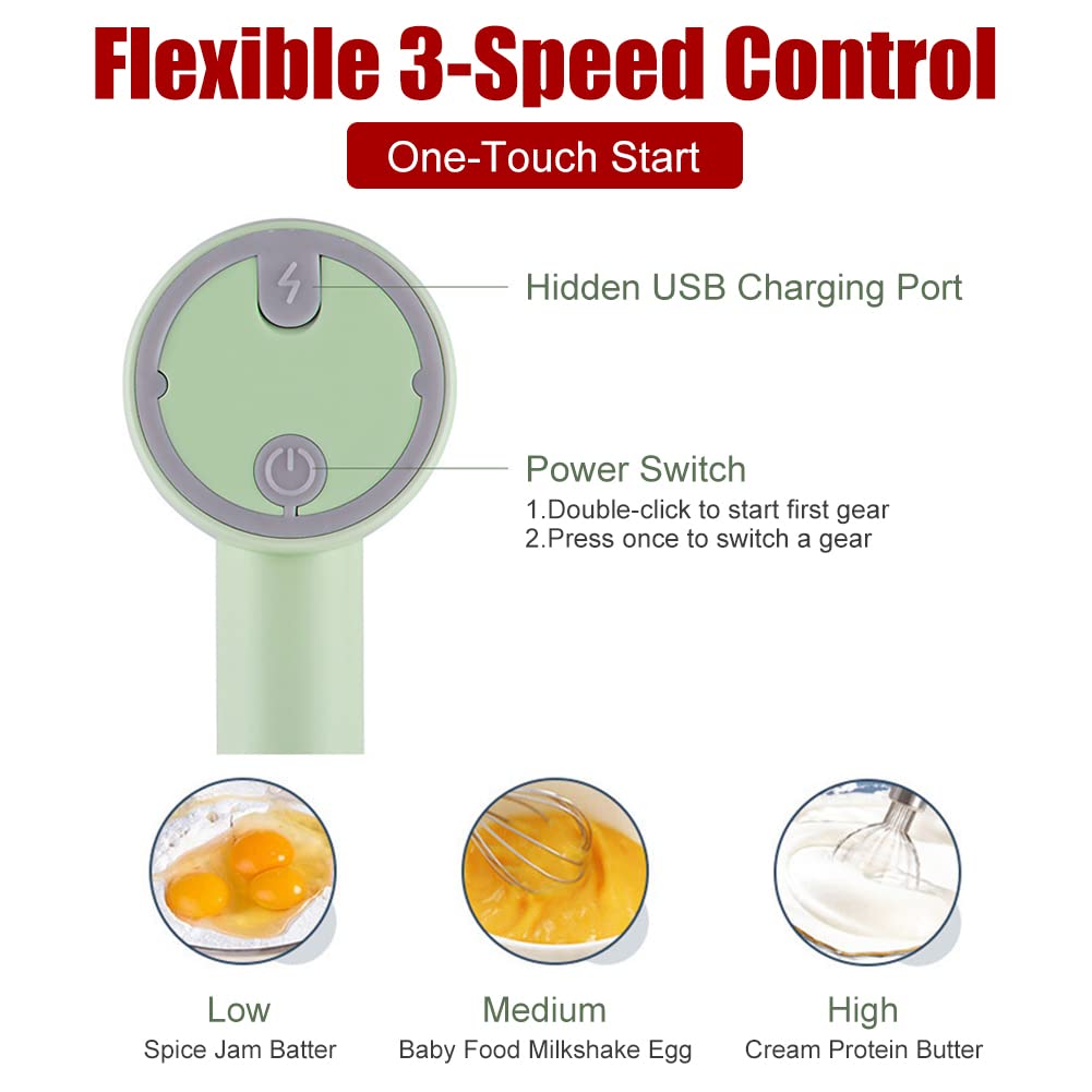 Cordless Electric Hand Mixer and Mini Food Chopper with Whisk Attachment for Eggs, Cream, Garlic and Kitchen Prep, 5.1 cm, White