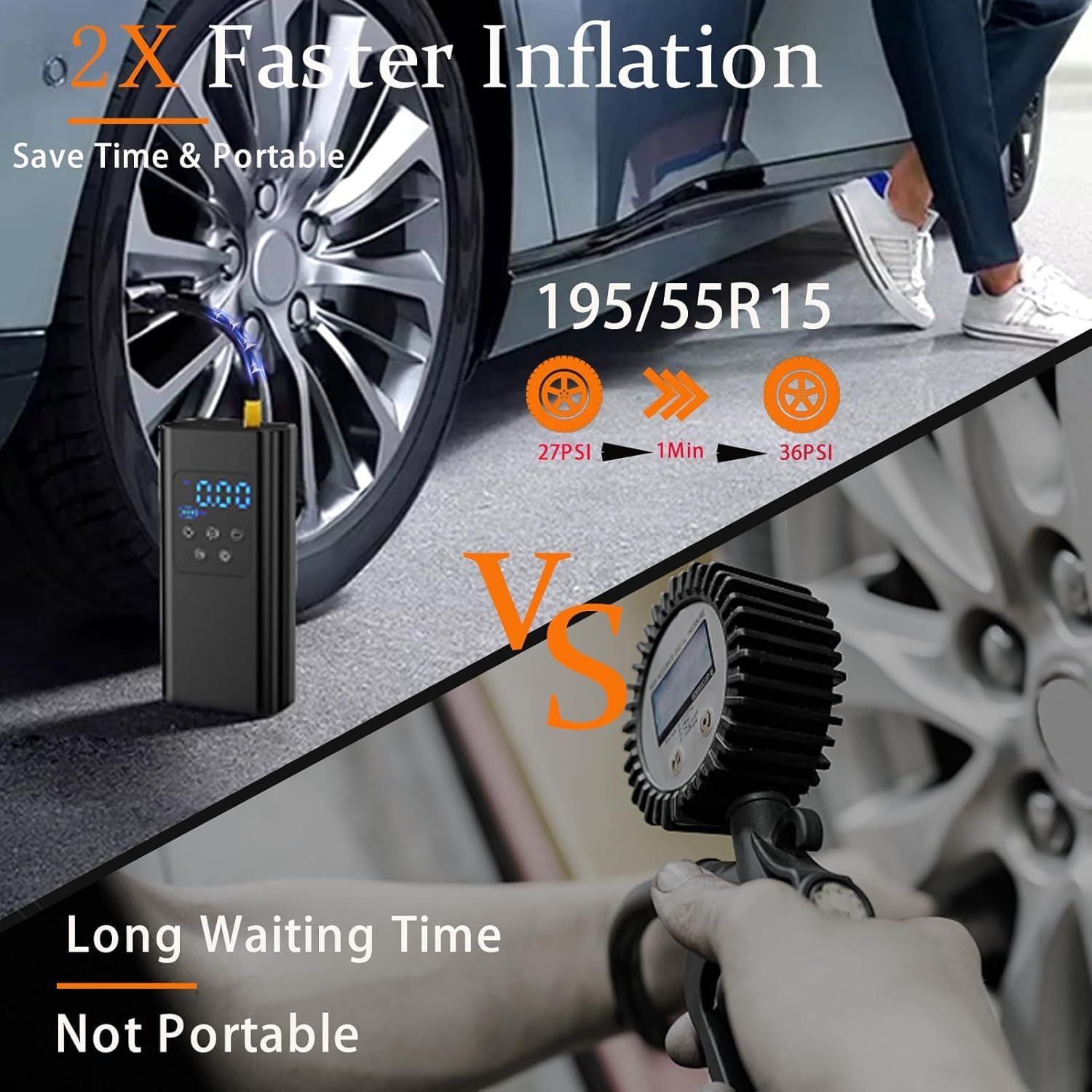 Bicycle pump, Portable digital air pump for cars, handy and Cordless rechargeable, suitable for motorcycles, bicycles