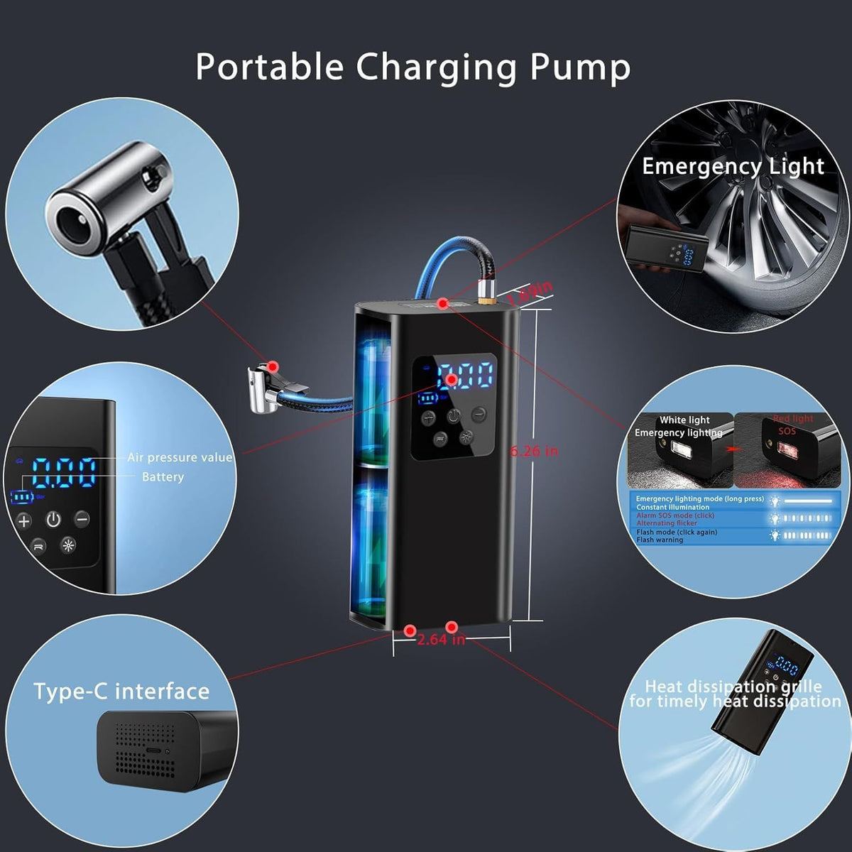 Bicycle pump, Portable digital air pump for cars, handy and Cordless rechargeable, suitable for motorcycles, bicycles
