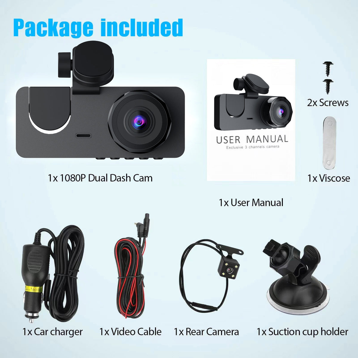 3 inch screen Dash Cam with Front, Cabin and Rear Cameras, Full HD Loop Recording, Night Vision and Parking Monitor