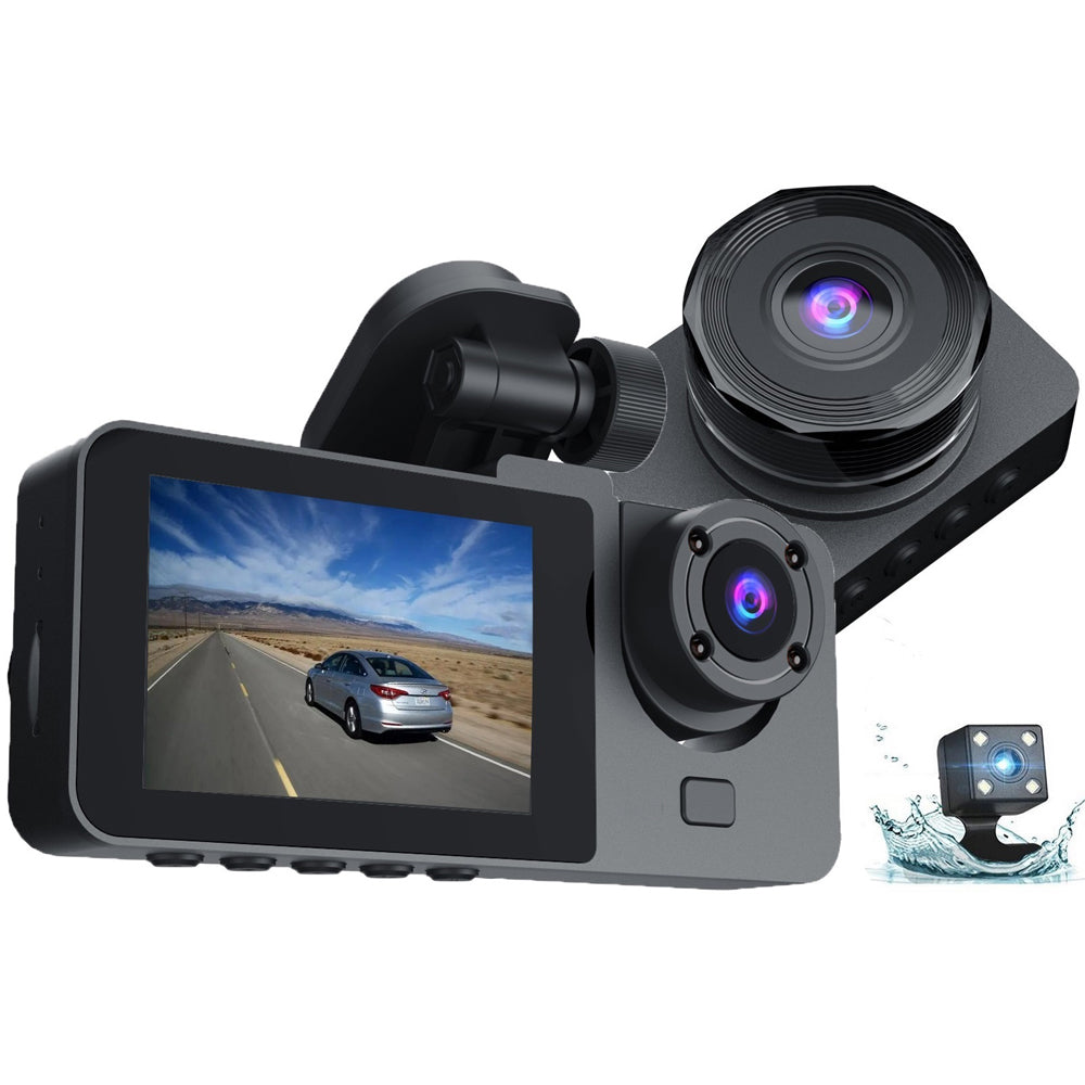 3 inch screen Dash Cam with Front, Cabin and Rear Cameras, Full HD Loop Recording, Night Vision and Parking Monitor