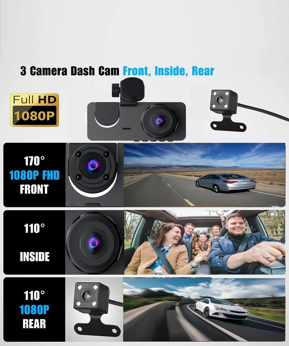 3 inch screen Dash Cam with Front, Cabin and Rear Cameras, Full HD Loop Recording, Night Vision and Parking Monitor