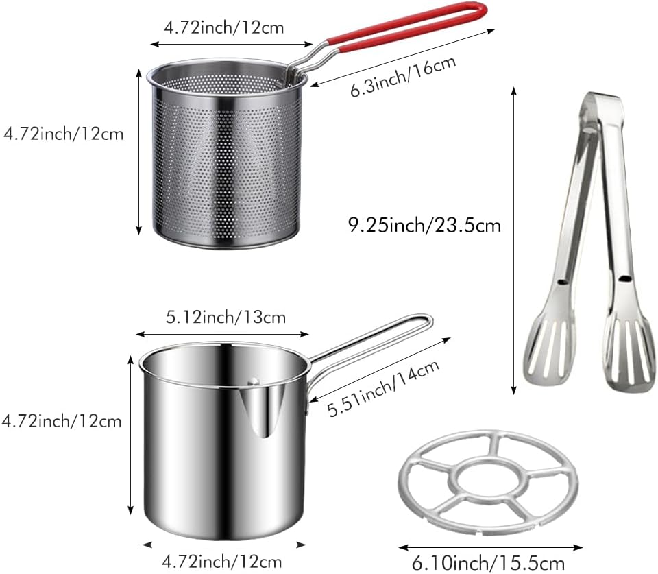 Deep Fryer - Mini Deep Fryer - Stainless Steel Oil Pan - Tempura Pan - Cooking Pan with Frying Basket - French Frying Pan - Induction and Gas - Frying Pan - Deep Fryer with Lid - Kitchen Accessories - Frying Set - Pans - Oil Filter - Sauté Pan - Silver -