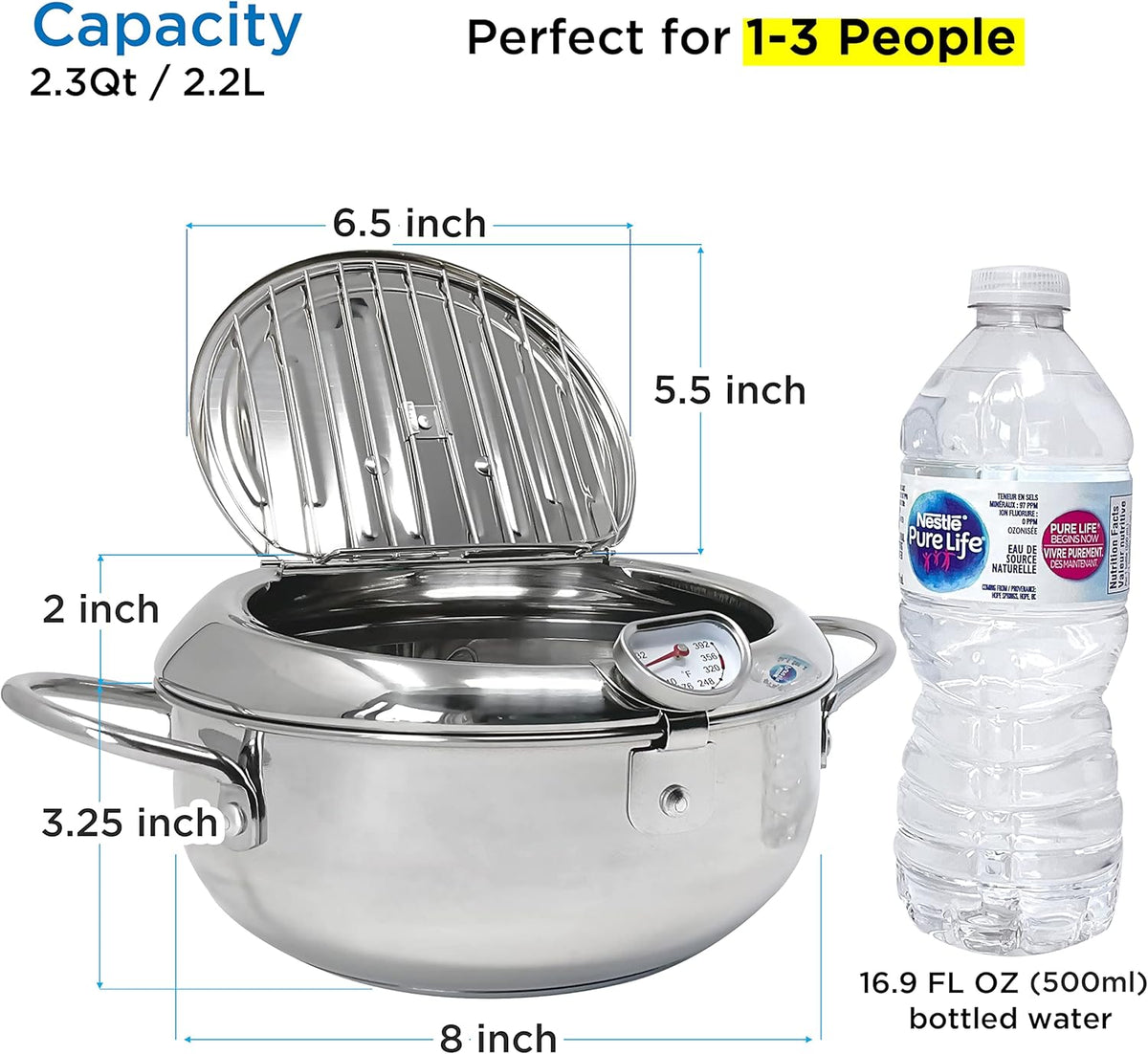 Stainless Steel Deep Fryer Pot with Basket for Tempura, Chips and Fried Foods, Suitable for Induction and Gas Cooktops, 20 cm, Silver