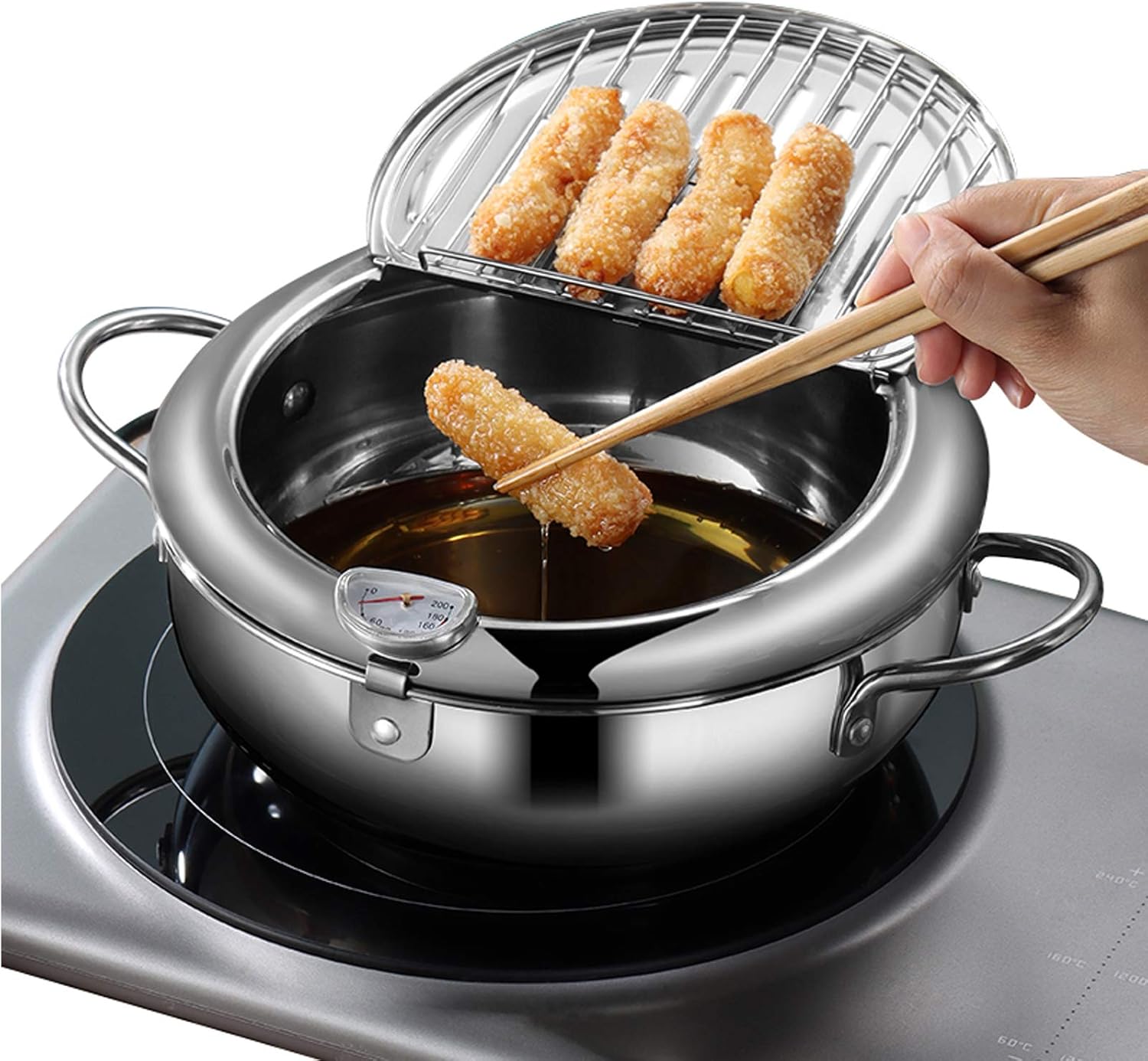 Stainless Steel Deep Fryer Pot with Basket for Tempura, Chips and Fried Foods, Suitable for Induction and Gas Cooktops, 24 cm, Silver