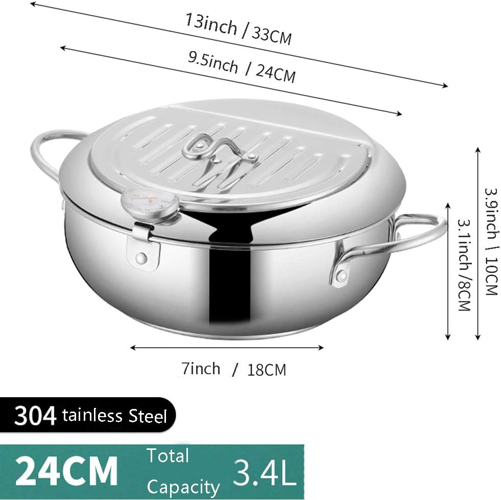 Stainless Steel Deep Fryer Pot with Basket for Tempura, Chips and Fried Foods, Suitable for Induction and Gas Cooktops, 24 cm, Silver