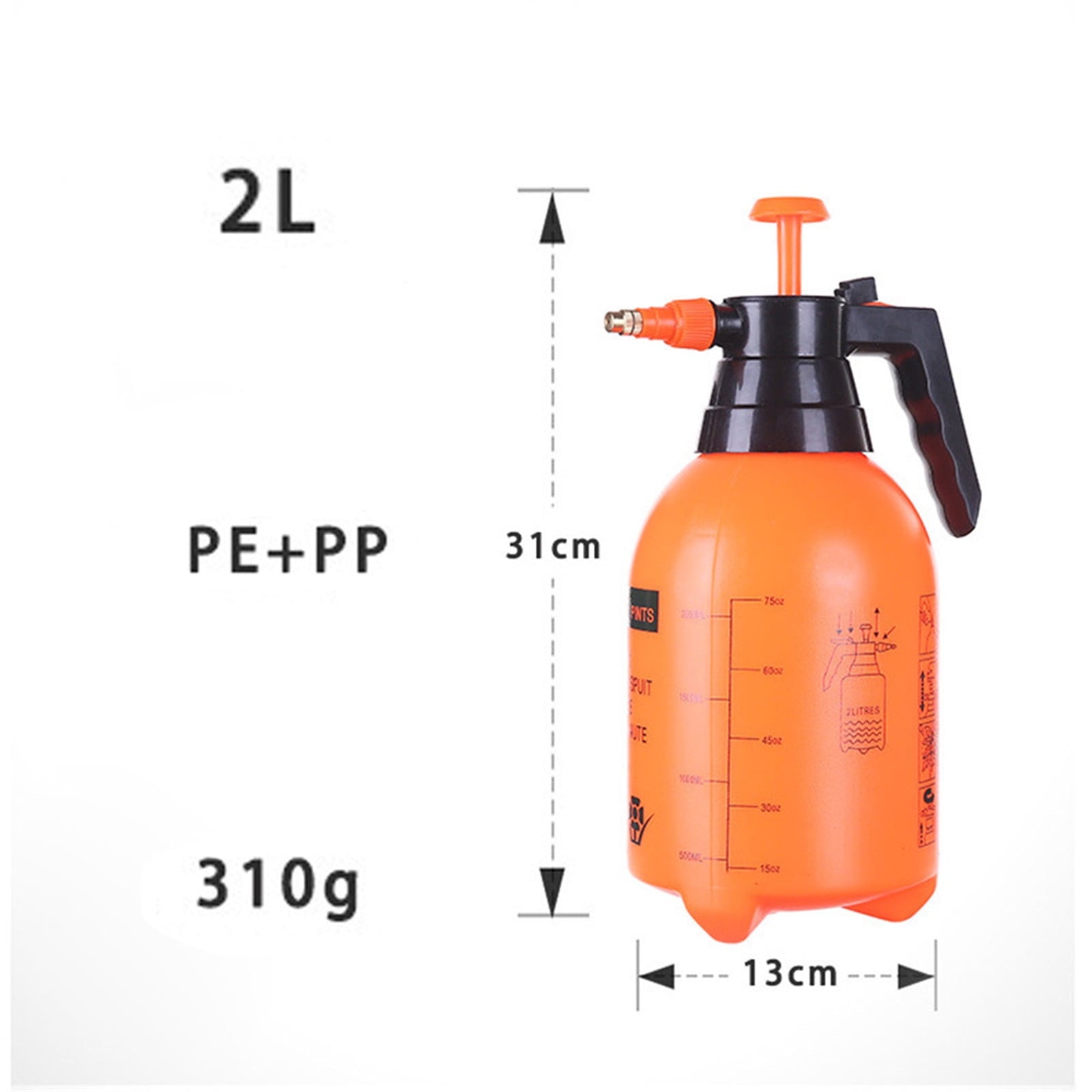 Handheld Garden Pump Sprayer, 2L Lawn & Garden Pressure Water Spray Bottle with Adjustable Brass Nozzle, for Plants and Other Cleaning Solutions Orange