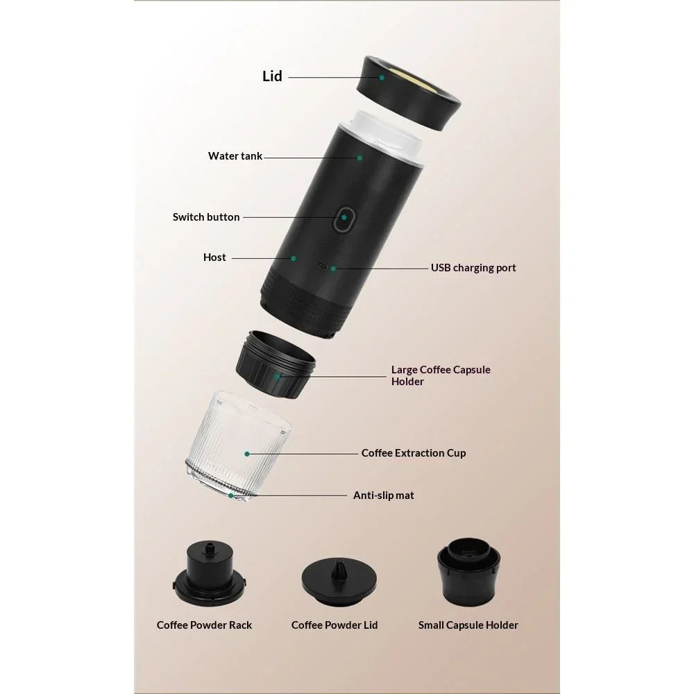 Portable Battery Coffee Maker Espresso Machine, Car Travel Coffee Mini Espresso Machines Self-Heating Electric Espresso Maker, USB-C 3-in-1 Ground Coffee