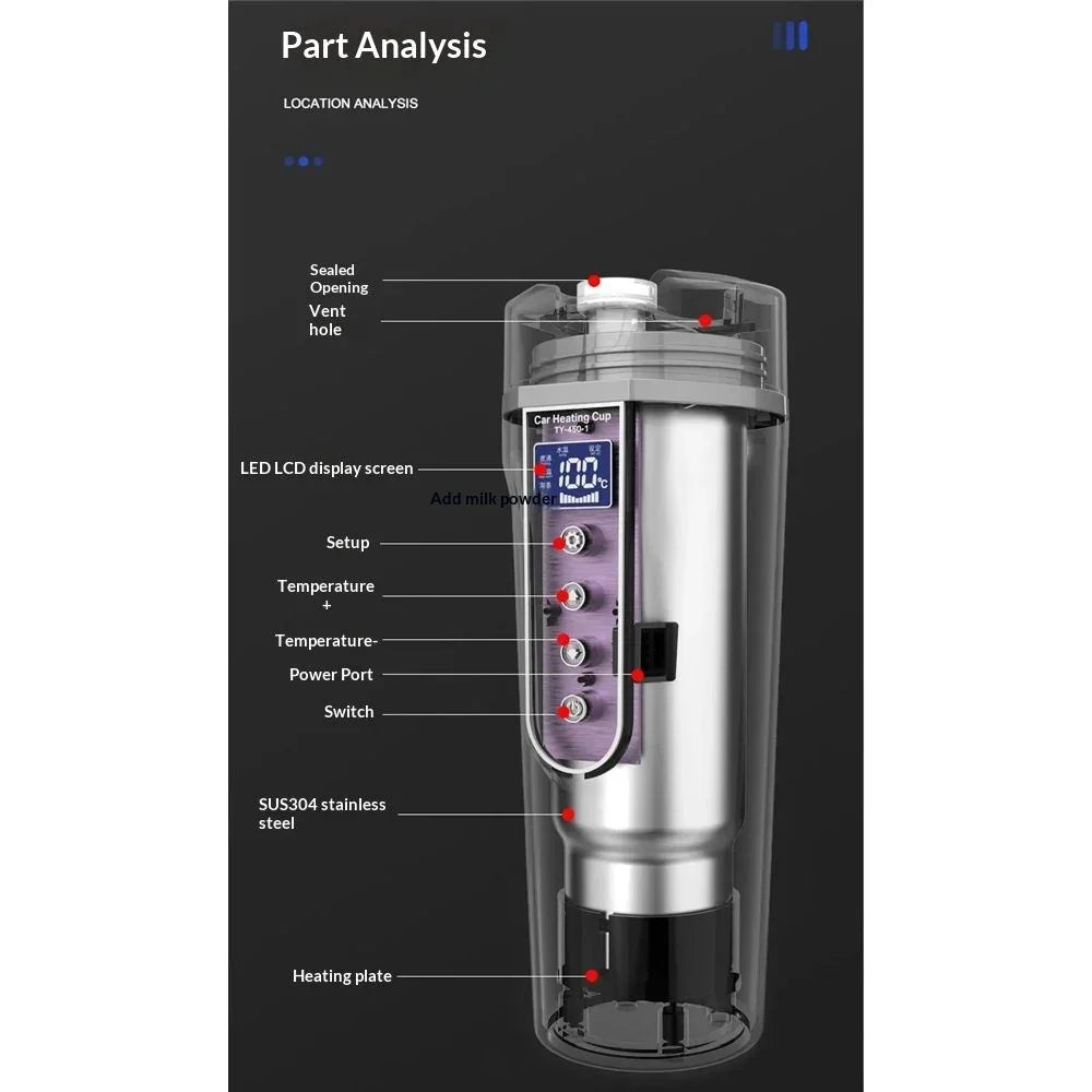 Car Electric Kettle for Travel :12V/24V Small Electric Water Kettle, Multi-Temp Control 500 mL Portable Car Water Boiler for Brewing Coffee Tea,LCD Display 304 Stainless Steel Truck Heating Cup