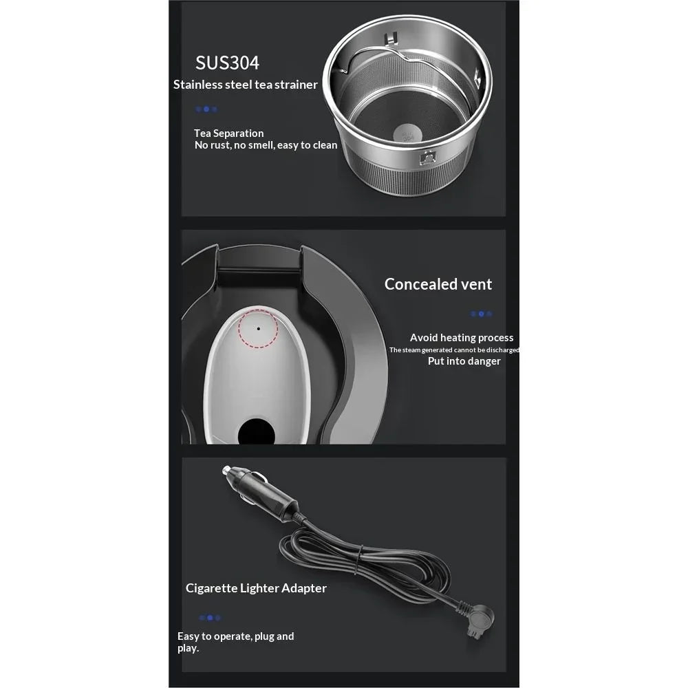 Car Electric Kettle for Travel :12V/24V Small Electric Water Kettle, Multi-Temp Control 500 mL Portable Car Water Boiler for Brewing Coffee Tea,LCD Display 304 Stainless Steel Truck Heating Cup