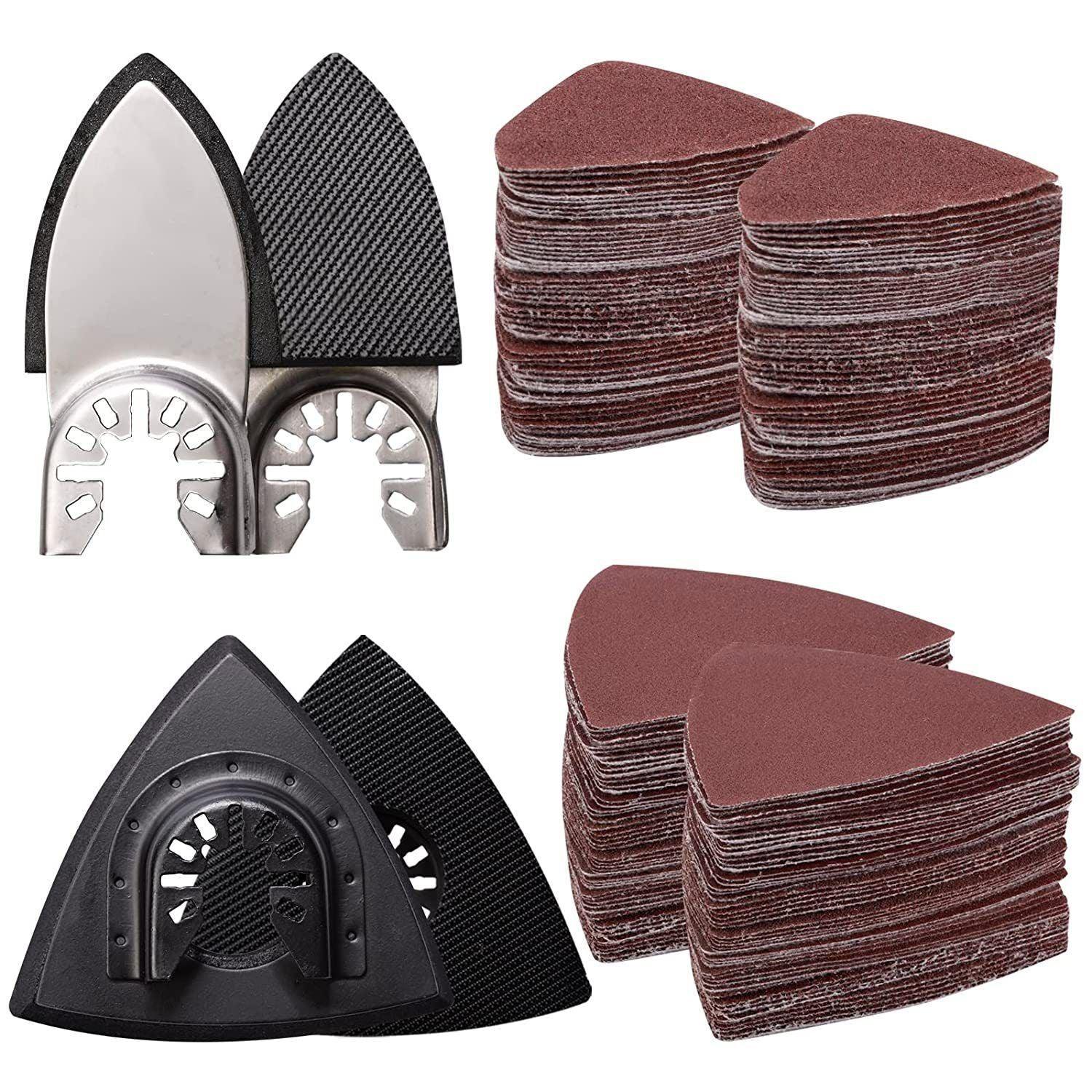 104Pcs Oscillating Tool Detail Sanding Pads Kit 2Pcs Triangle Sanding Pads and 2Pcs Finger Sanding Pad 100Pcs Multitool Sandpaper Grit Fit for Finishing Wood Sanding Plaster