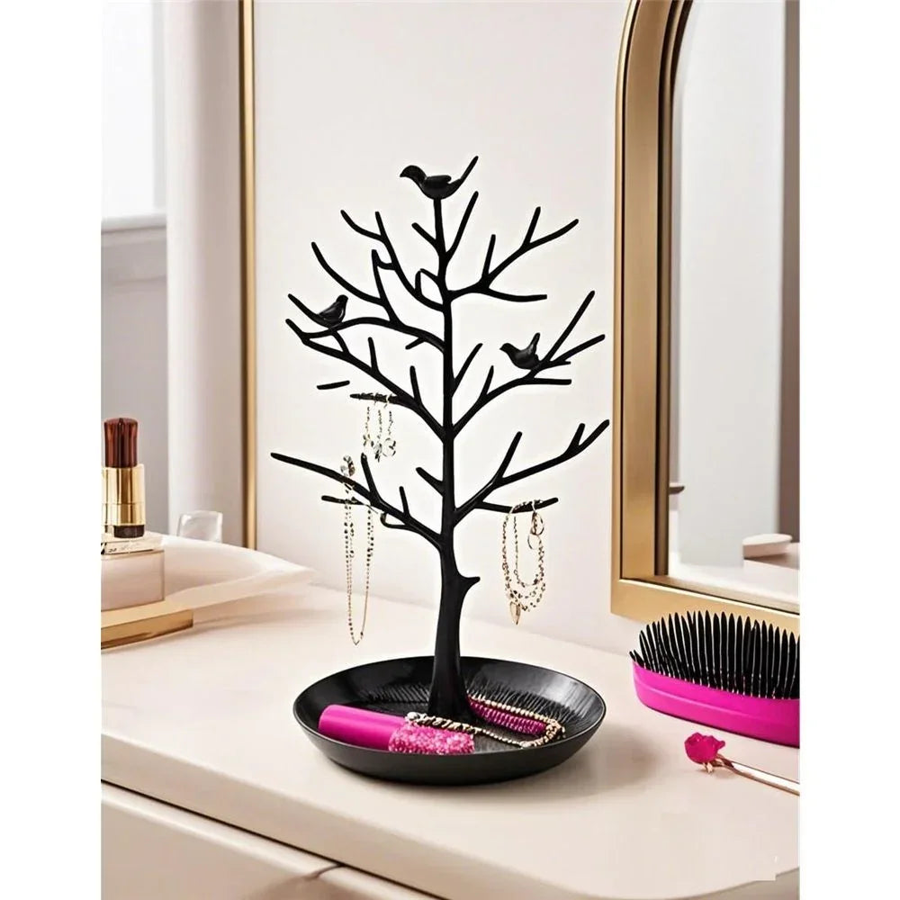 Jewelry Tree Necklace Earring Holder Modern Cute Bird Jewelry Stand for Women Girls Teen,with Tray Antique Rack Tower Decoration, Black (oniy box)