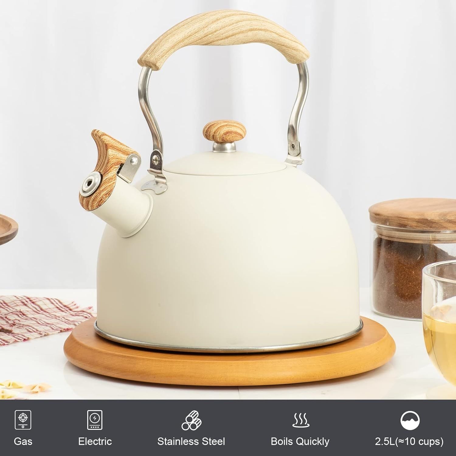 2.5 L Whistling Tea Kettles with Wood Grain adjustment Nylon Handle, Capsule Base Tea Kettle, White (White)