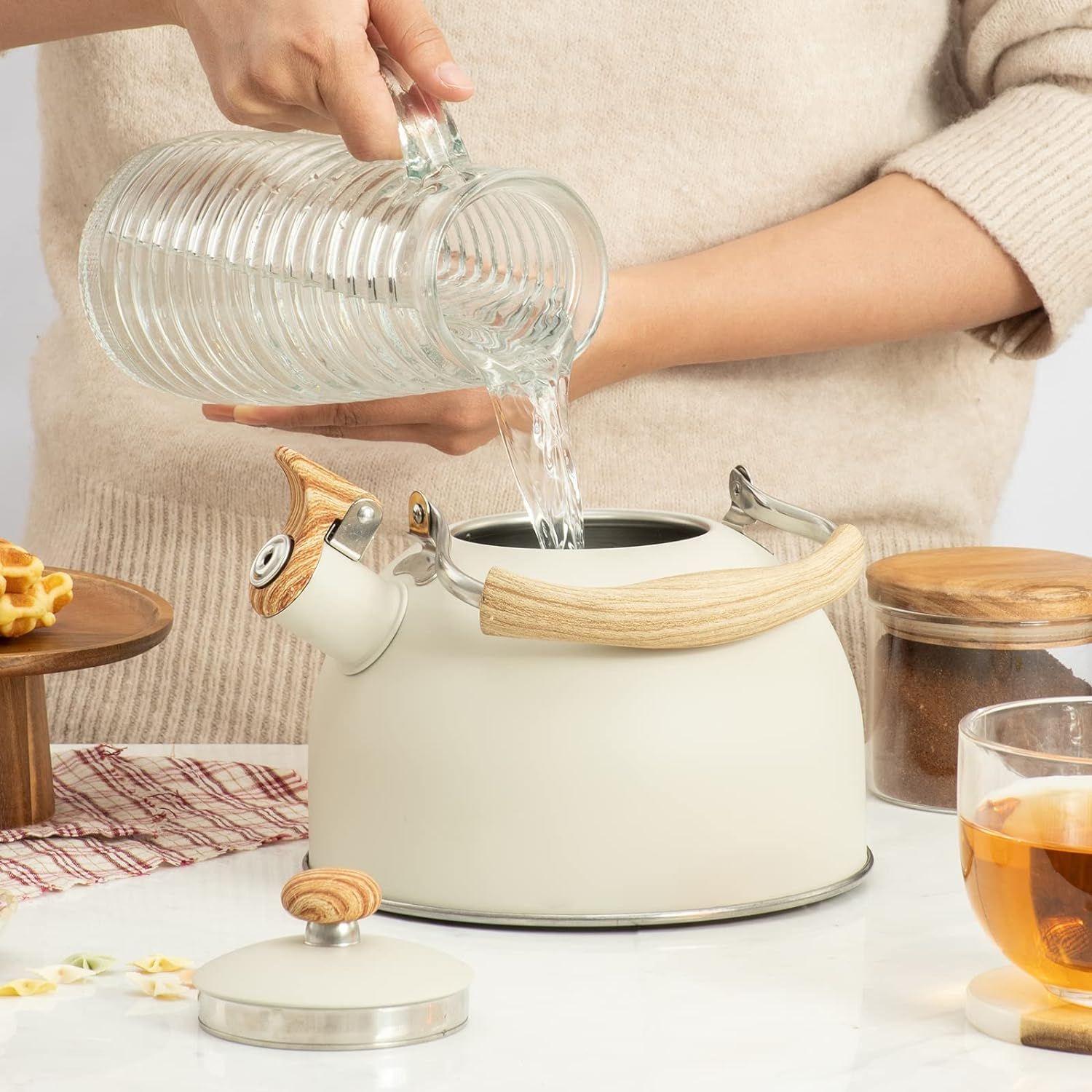 2.5 L Whistling Tea Kettles with Wood Grain adjustment Nylon Handle, Capsule Base Tea Kettle, White (White)