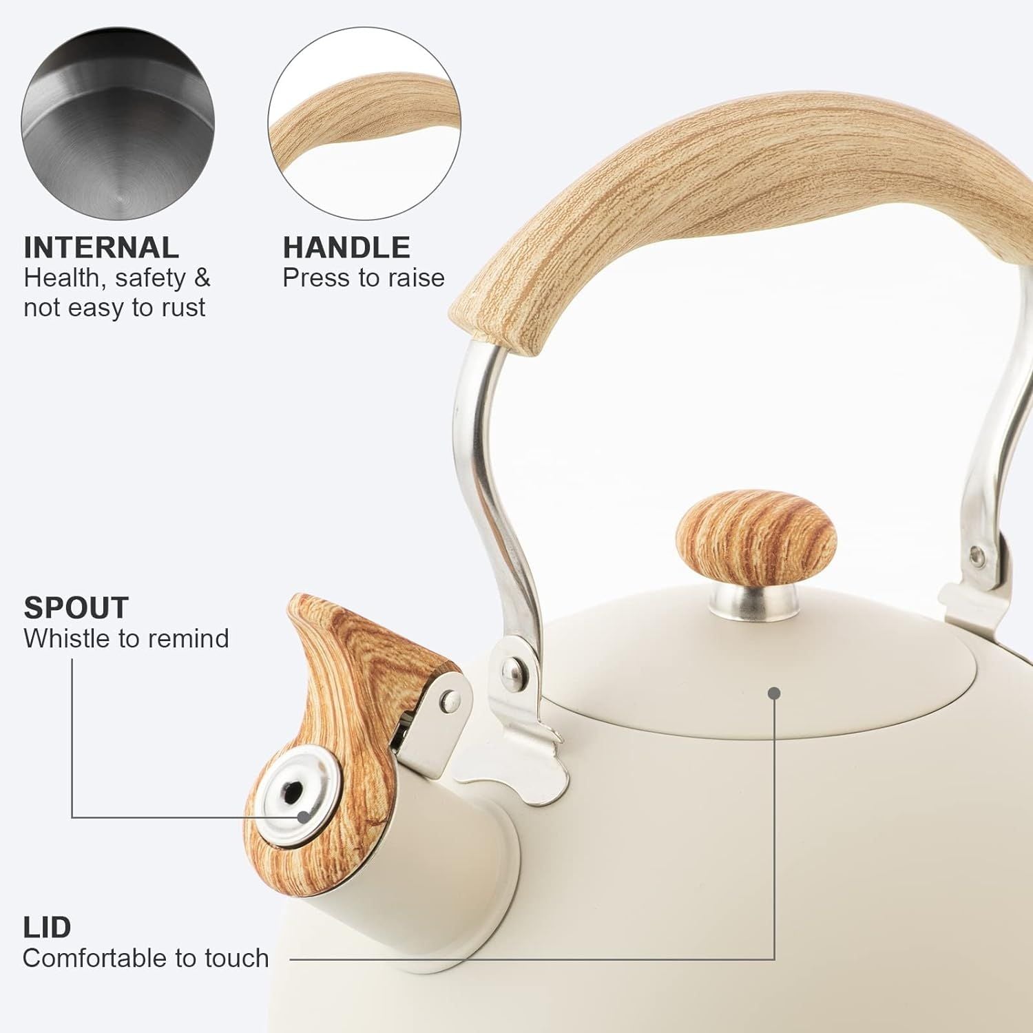 2.5 L Whistling Tea Kettles with Wood Grain adjustment Nylon Handle, Capsule Base Tea Kettle, White (White)