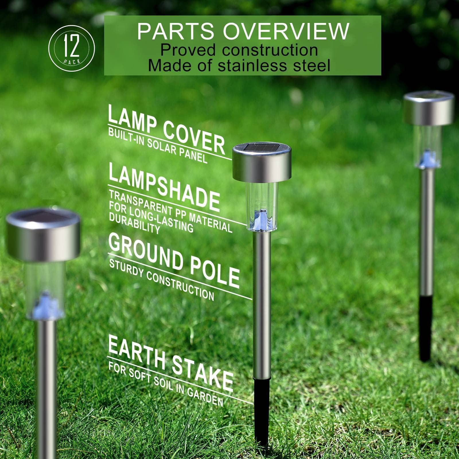 Solar Lights Outdoor Waterproof, Stainless Steel LED Landscape Lighting Outdoor Solar Lights for Outside -12 Pack ( Multicolor )