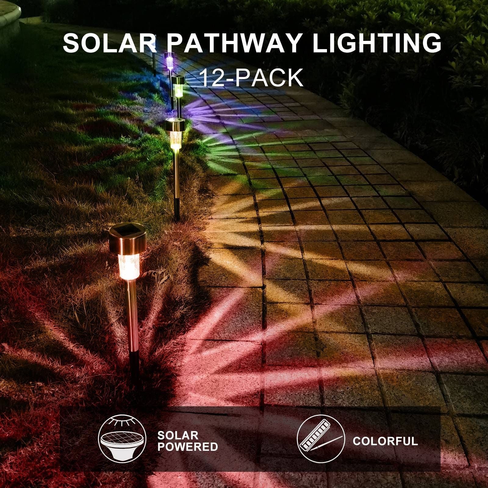 Solar Lights Outdoor Waterproof, Stainless Steel LED Landscape Lighting Outdoor Solar Lights for Outside -12 Pack ( Multicolor )