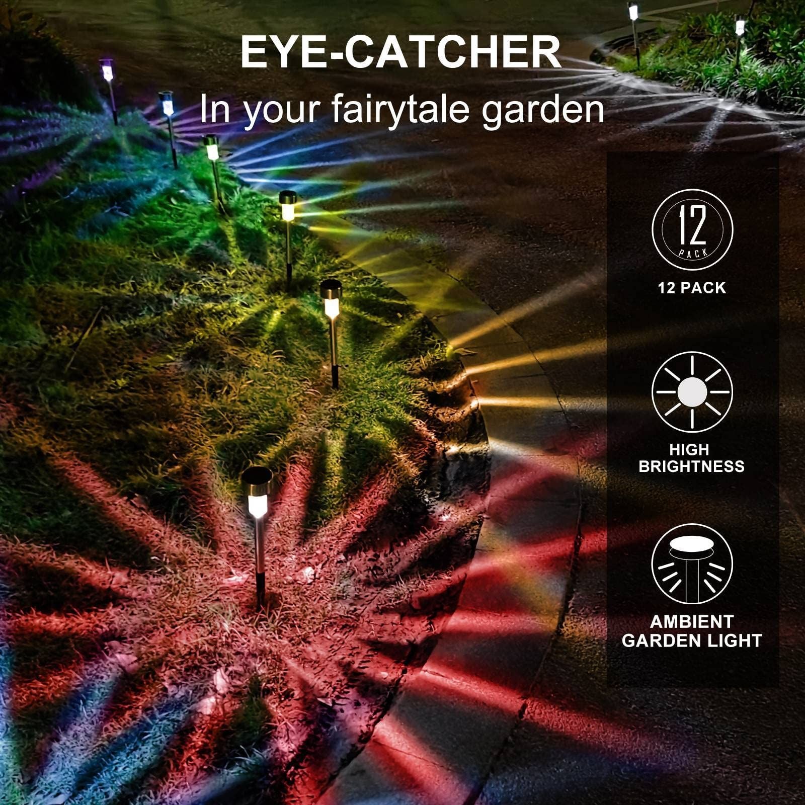 Solar Lights Outdoor Waterproof, Stainless Steel LED Landscape Lighting Outdoor Solar Lights for Outside -12 Pack ( Multicolor )