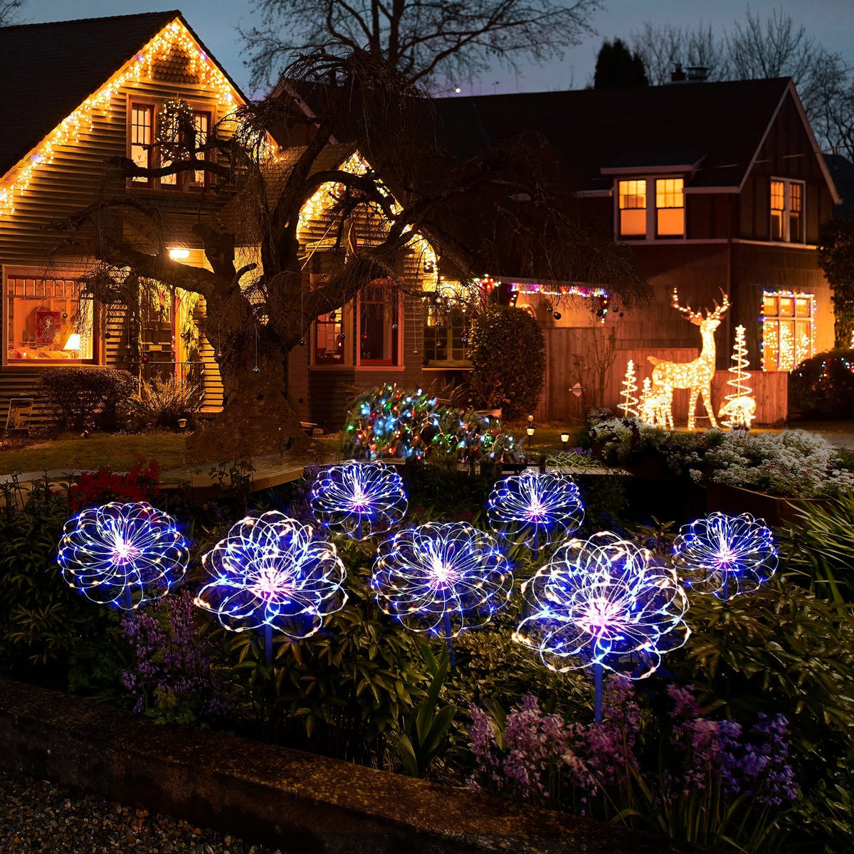 Solar Garden Lights Solar Lights Outdoor Waterproof 2 Pack Solar Powered Firework Stake Lights 120 LED Solar Outside (Colorful)