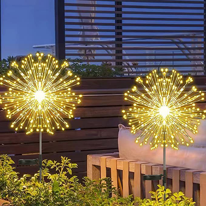 Outdoor Solar Lights Firework, 2 Pack 120 LEDs Waterproof Solar Lights for Outside Garden Yard Pathway Fence - Warm White
