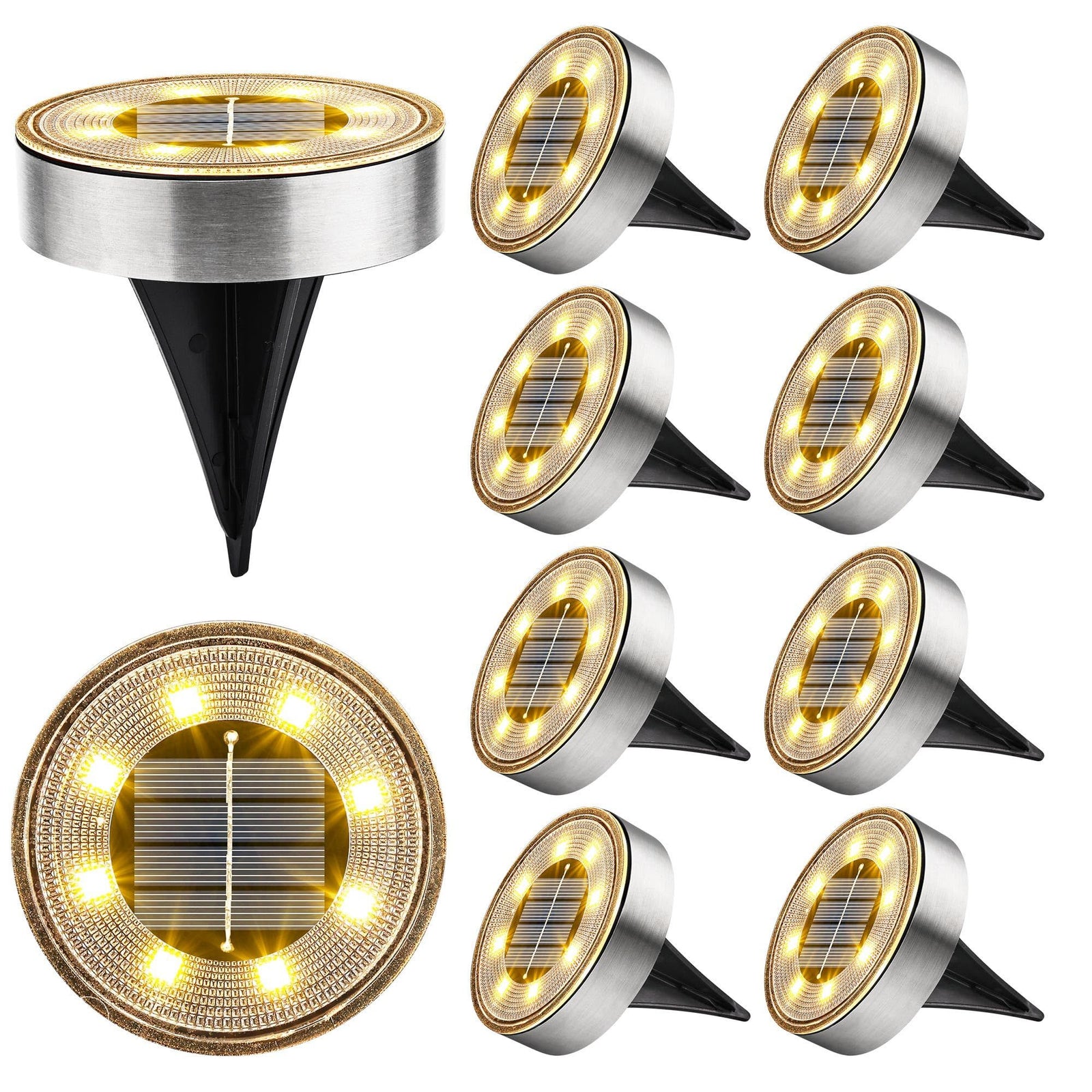 Solar Ground Lights,10 Pack 8 LED Solar Lights Outdoor IP68 Waterproof Solar Disc Lights In-Ground Landscape Lighting (Warm White)