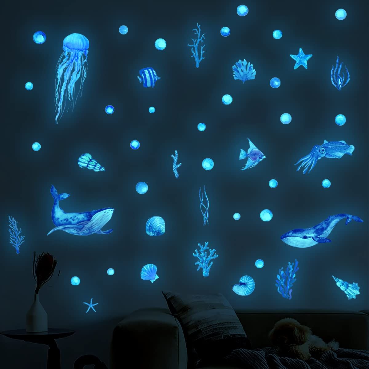 Sea World 3D Wall Stickers,Blue Fish DIY Cute Ocean Wall Decals for Kids Bedroom Bathroom Decorations
