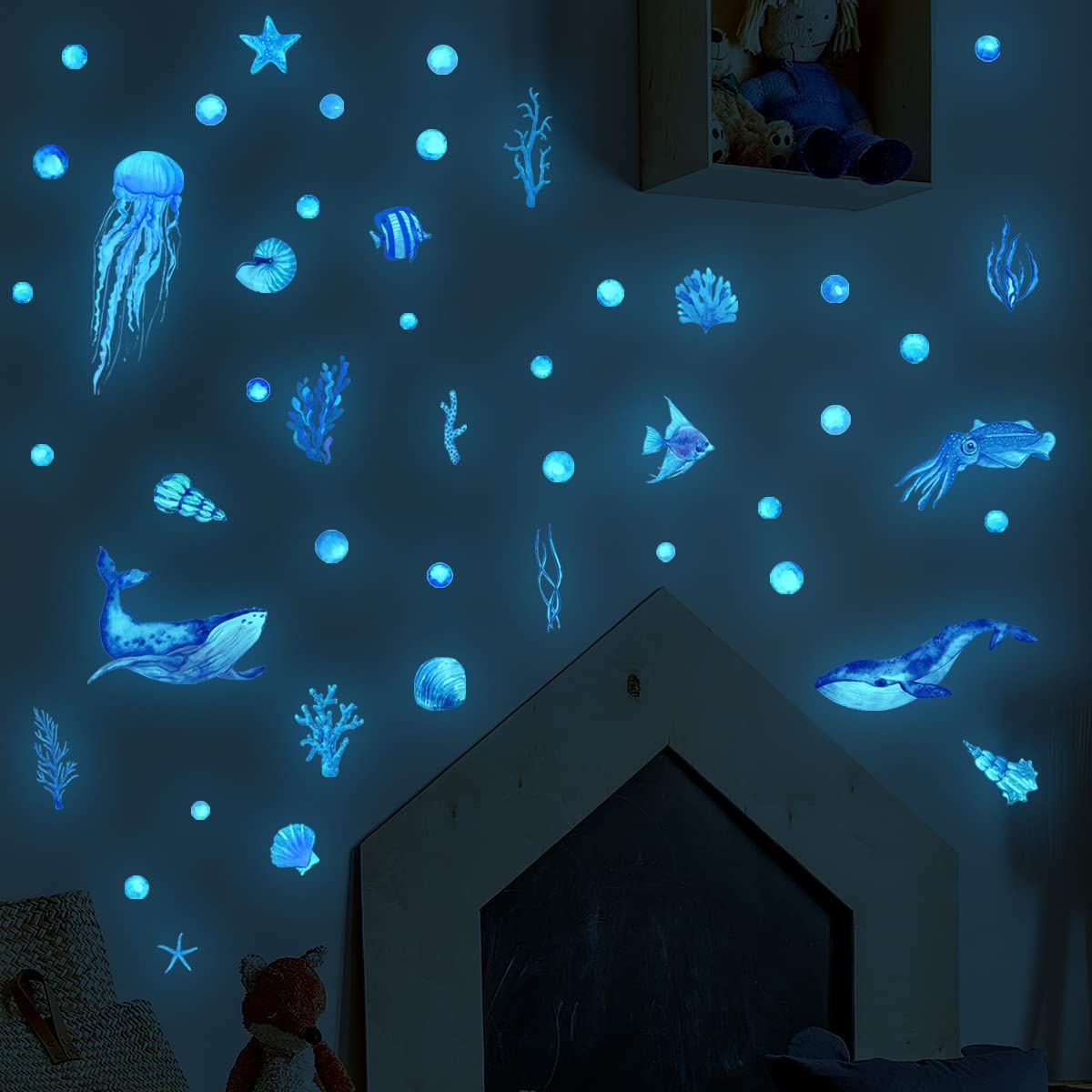 Sea World 3D Wall Stickers,Blue Fish DIY Cute Ocean Wall Decals for Kids Bedroom Bathroom Decorations