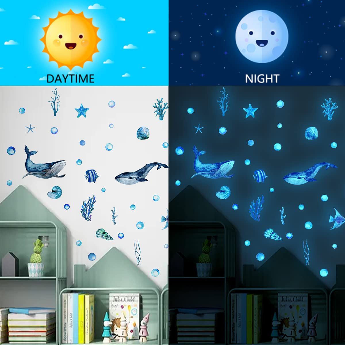 Sea World 3D Wall Stickers,Blue Fish DIY Cute Ocean Wall Decals for Kids Bedroom Bathroom Decorations