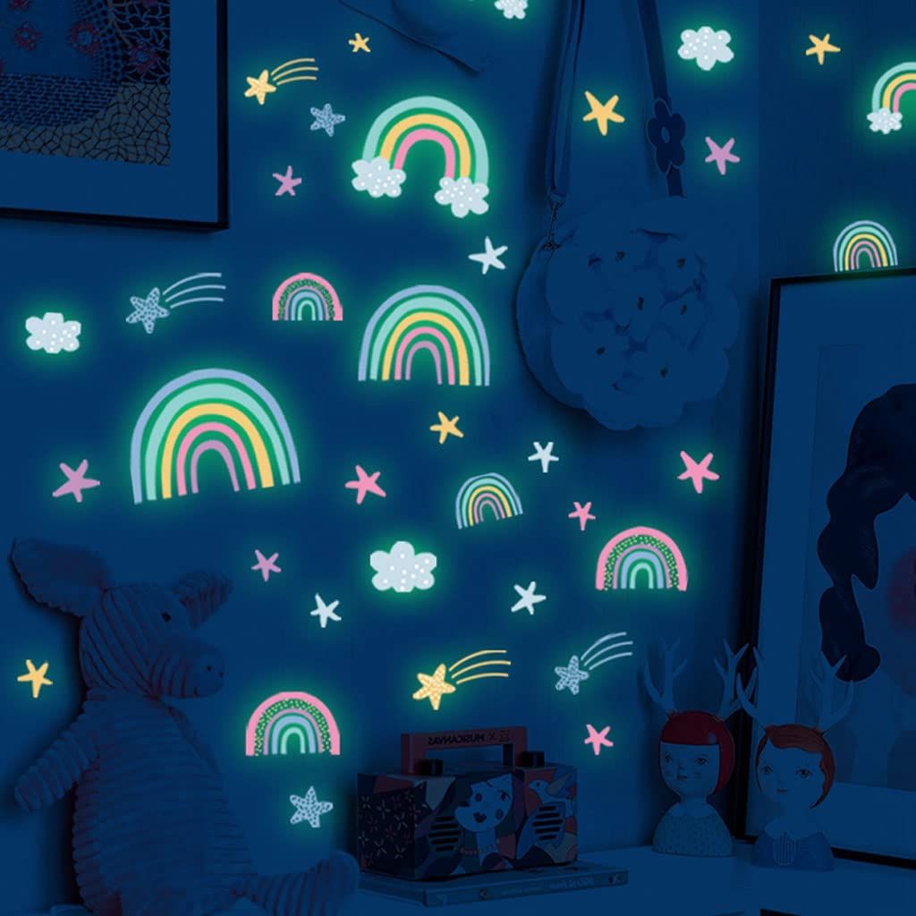 Wall Sticker Rainbow Sticker Luminous 3D Wallpaper Glow in The Dark Heart Shape Cartoon Wall Paper for Kids Room Living Room