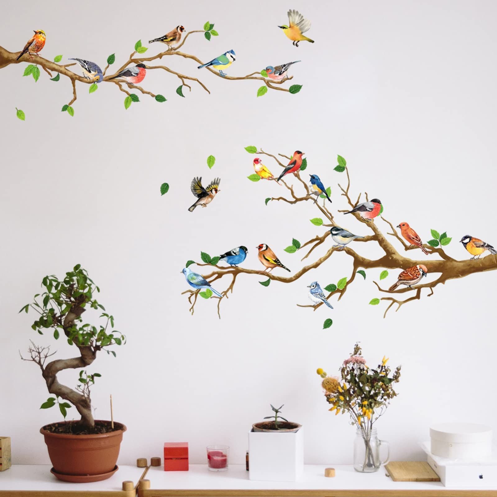 Little Birds on Tree Branches Wall Decal Vinyl Wall Sticker (34 x 34 Inch) Removable Peel and Stick Art Murals Decor for Bedroom