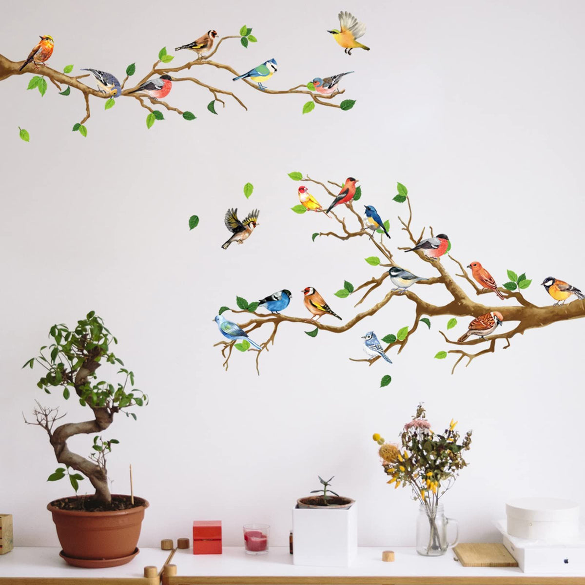 Little Birds on Tree Branches Wall Decal Vinyl Wall Sticker (34 x 34 Inch) Removable Peel and Stick Art Murals Decor for Bedroom