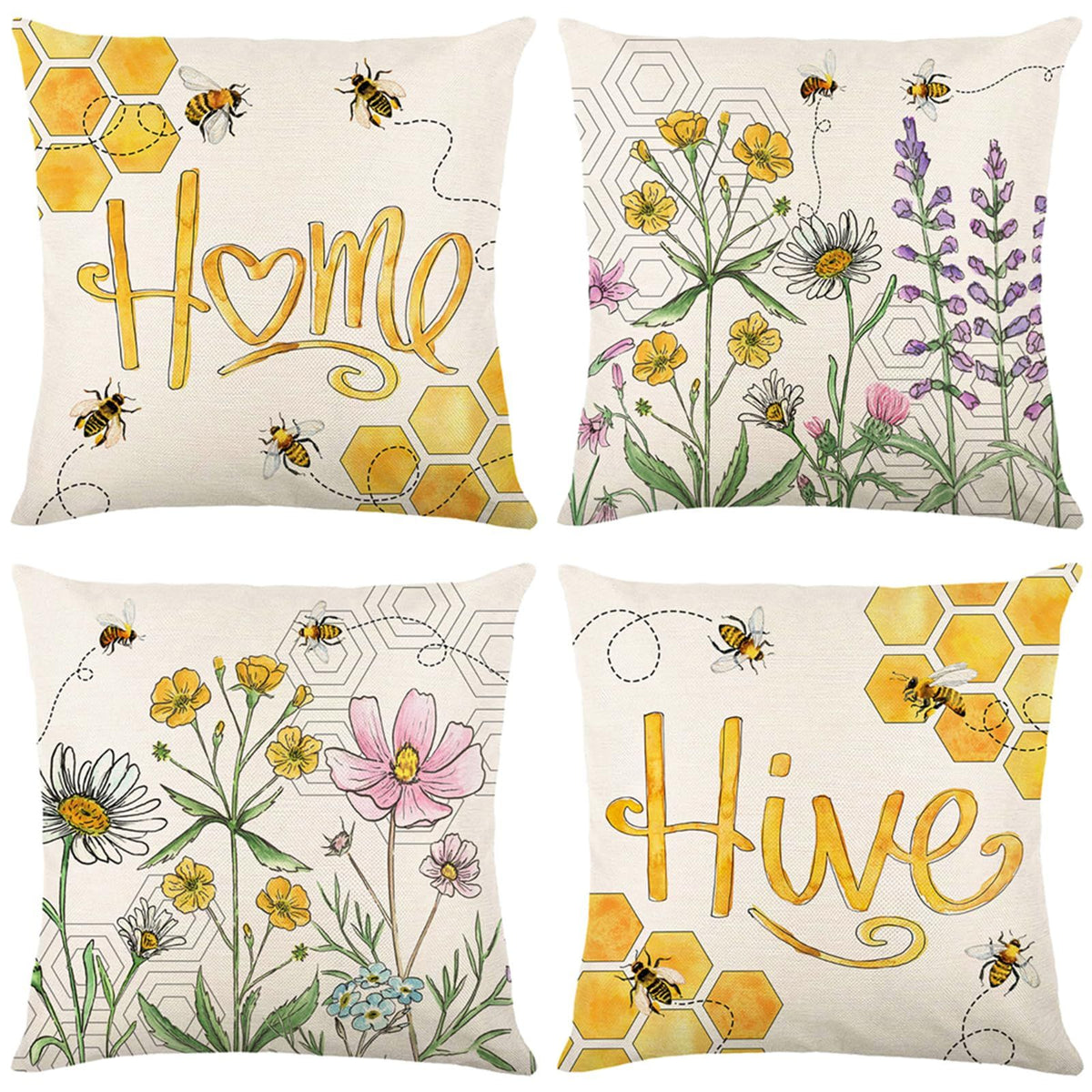 Floral Pillow Covers 18x18 inch Set of 4 Yellow Bee Honey Pillow Cases Spring Summer Decorative Cushion Covers for Couch Sofa