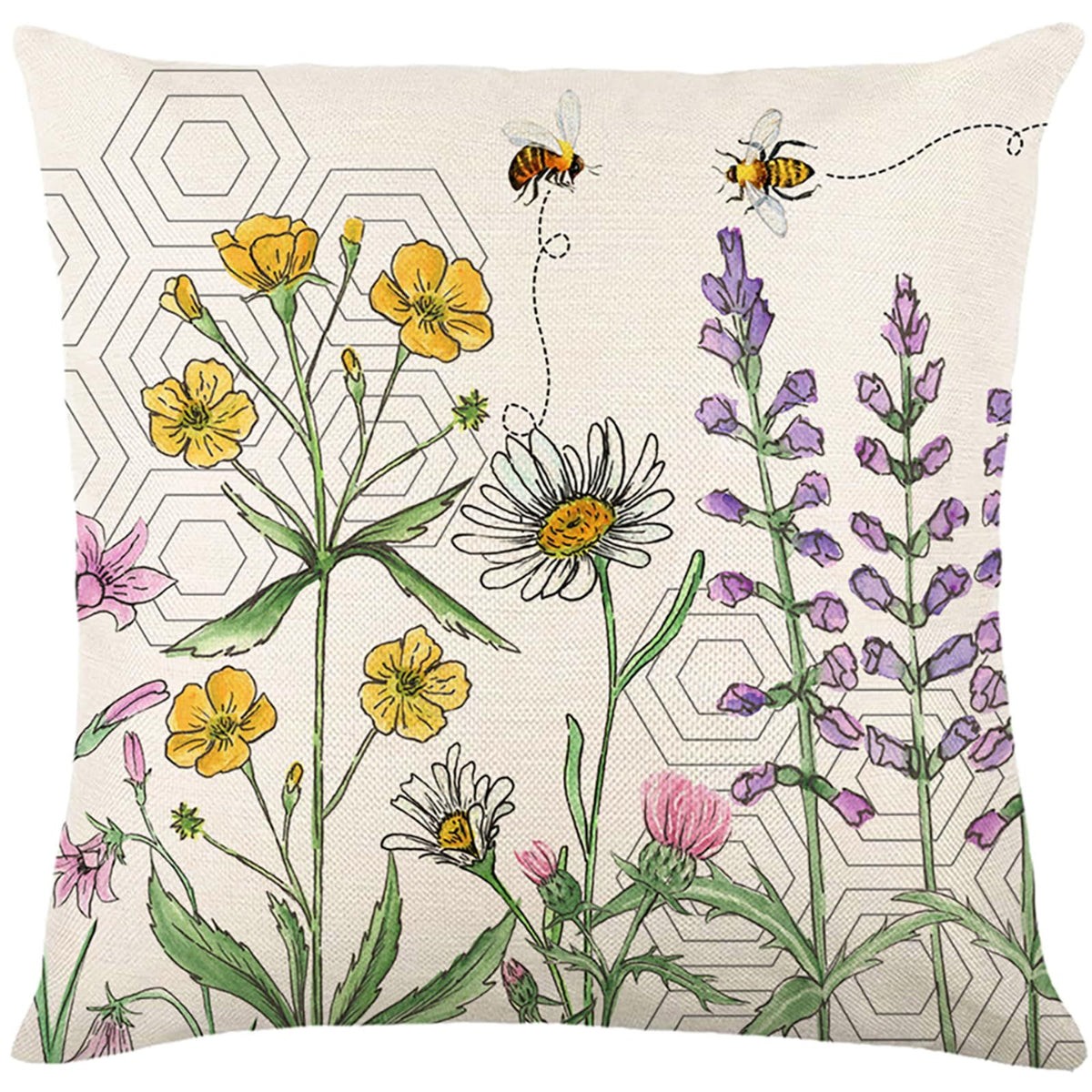 Floral Pillow Covers 18x18 inch Set of 4 Yellow Bee Honey Pillow Cases Spring Summer Decorative Cushion Covers for Couch Sofa