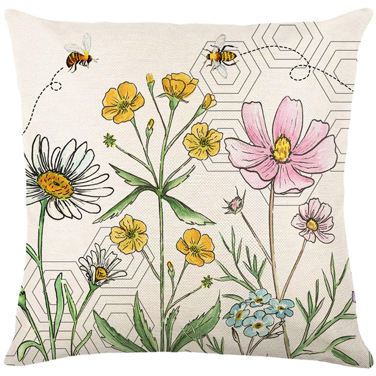 Floral Pillow Covers 18x18 inch Set of 4 Yellow Bee Honey Pillow Cases Spring Summer Decorative Cushion Covers for Couch Sofa
