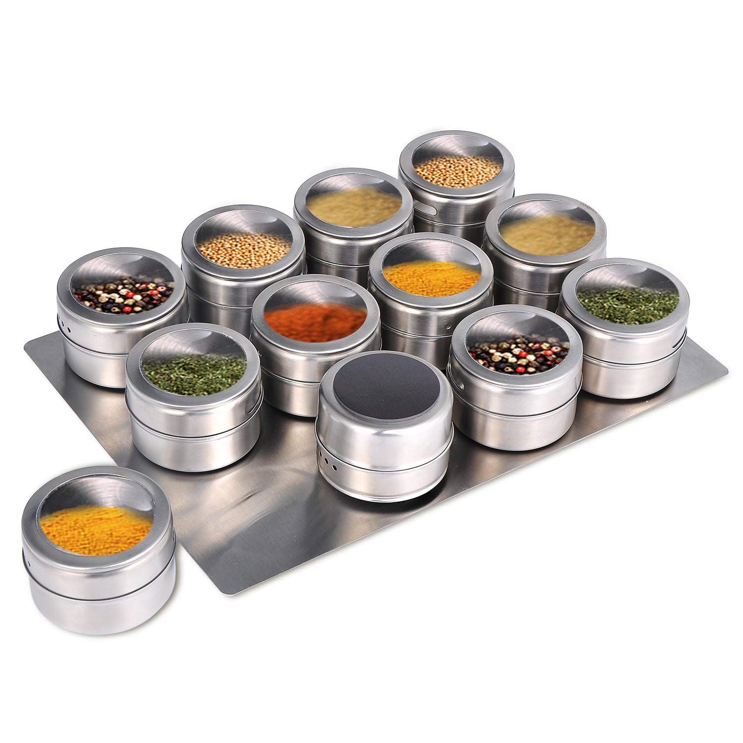 Upgrade Magnetic Spice Jars 12pcs with Wall Mounted,Stainless Steel Spice Tins with Lid and Small Holes for Sprinkle Rust