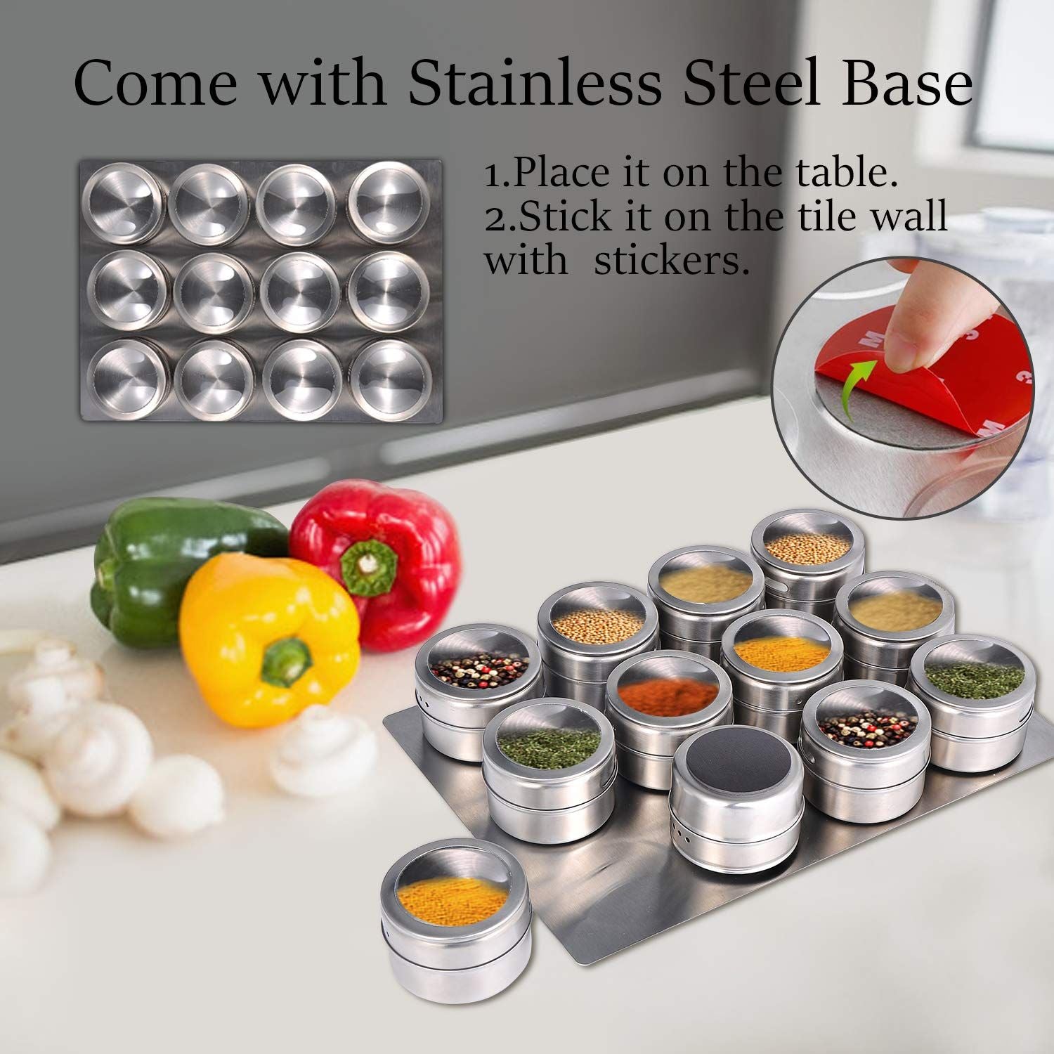 Upgrade Magnetic Spice Jars 12pcs with Wall Mounted,Stainless Steel Spice Tins with Lid and Small Holes for Sprinkle Rust