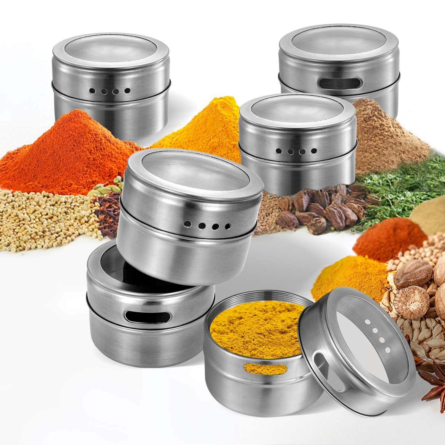 Upgrade Magnetic Spice Jars 12pcs with Wall Mounted,Stainless Steel Spice Tins with Lid and Small Holes for Sprinkle Rust
