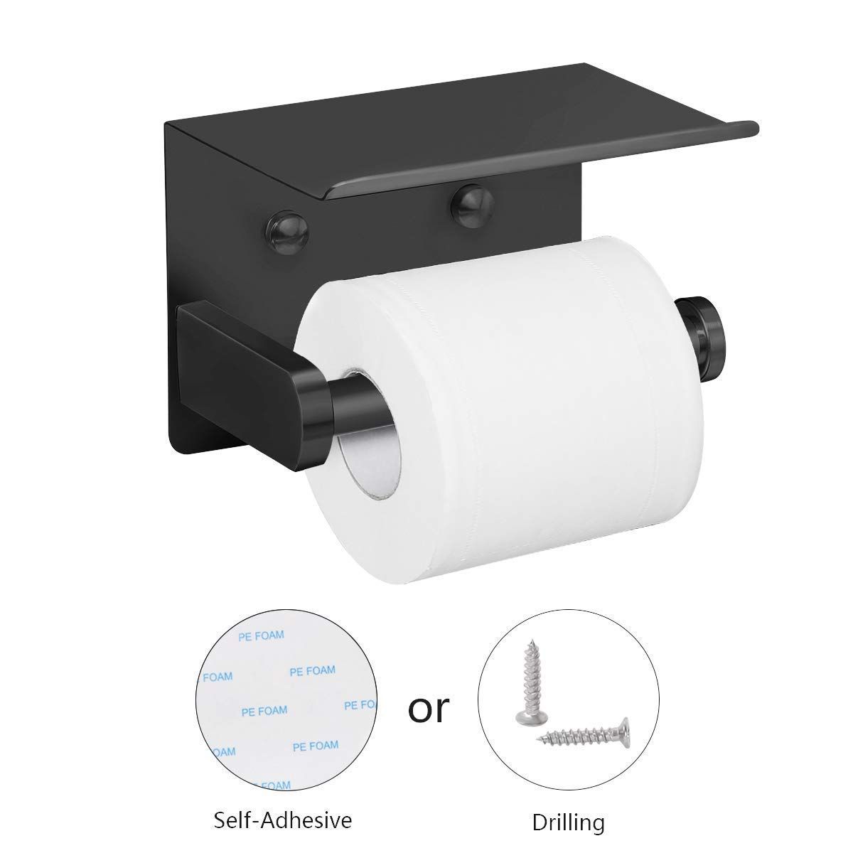 Self Adhesive Toilet Paper Holder with Phone Shelf Stainless Steel Wall Mounted Toilet Paper Roll Holder - Rustproof Black