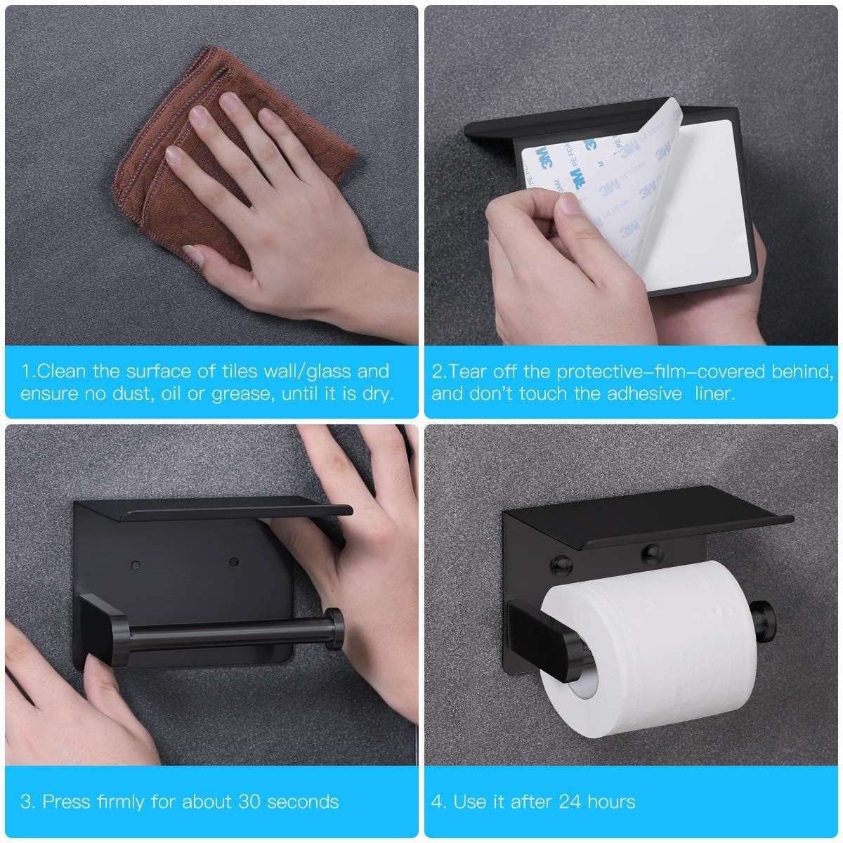 Self Adhesive Toilet Paper Holder with Phone Shelf Stainless Steel Wall Mounted Toilet Paper Roll Holder - Rustproof Black