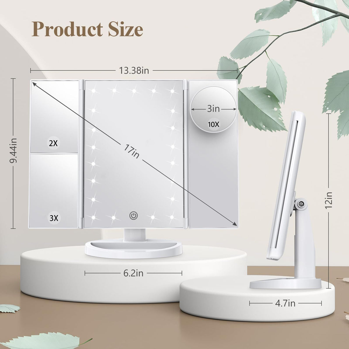 Lighted Makeup Mirror, Touch Control, Trifold Makeup Mirror, Dual Power Supply, Portable LED Makeup Mirror, Women Gift (White)