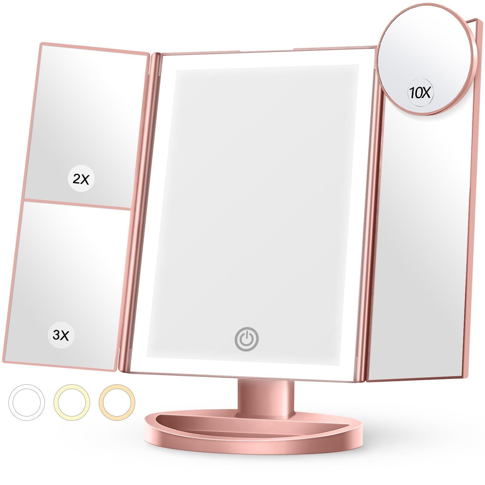 Lighted Makeup Mirror with 3 Color Lighting, Mirror with Extra Round 10X Magnifying Mirror,Dual Power Supply(Rose Gold)