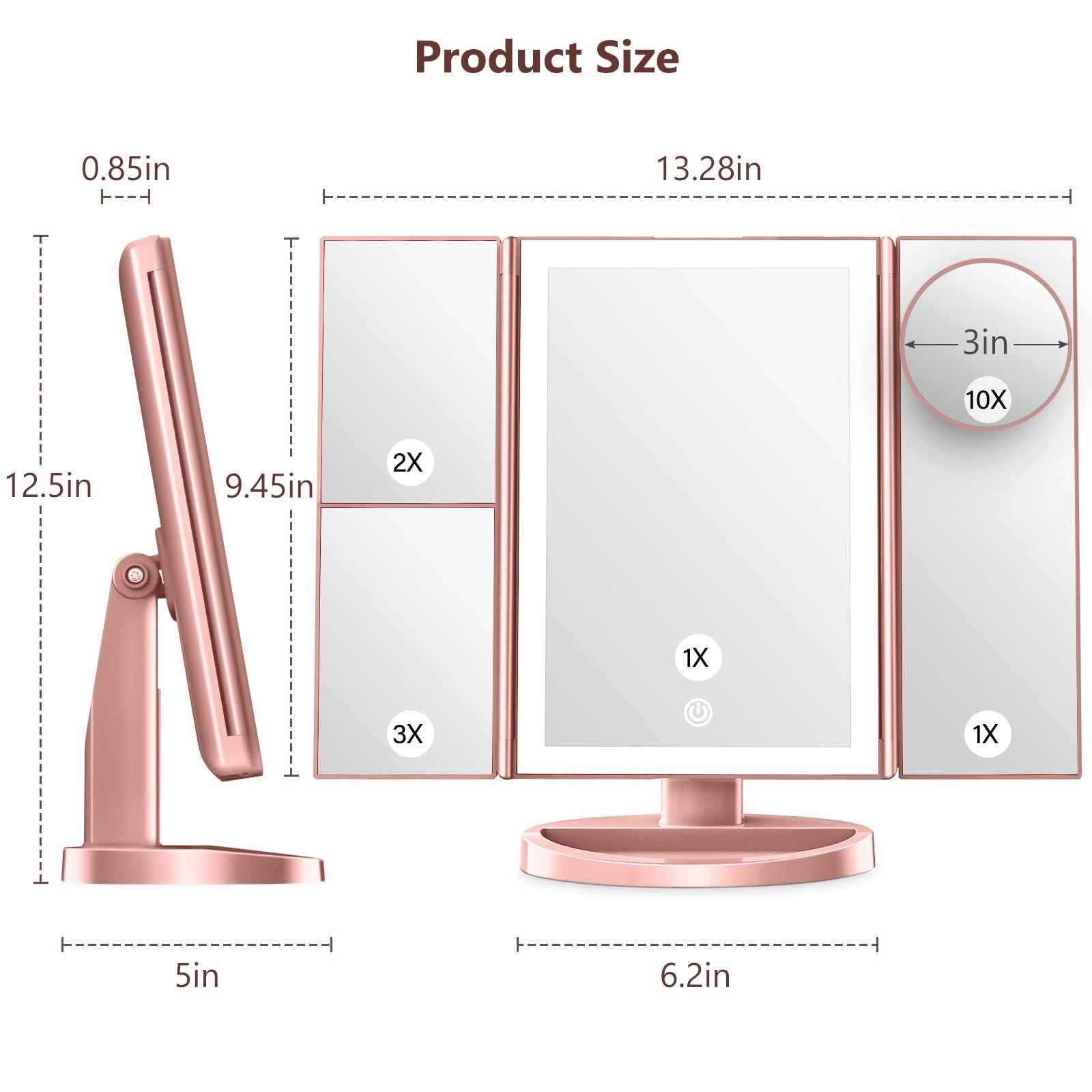 Lighted Makeup Mirror with 3 Color Lighting, Mirror with Extra Round 10X Magnifying Mirror,Dual Power Supply(Rose Gold)