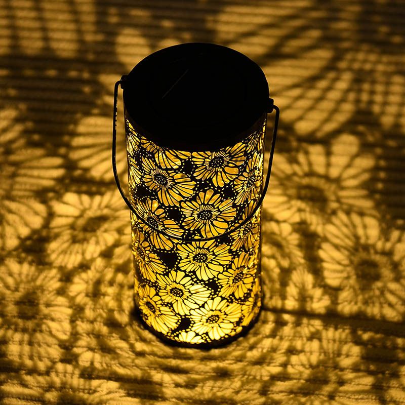 Solar Lanterns Outdoor Hanging Lantern Lights, Chrysanthemum Hollowed-Out Metal Decor Lantern, Waterproof LED Decorative Garden