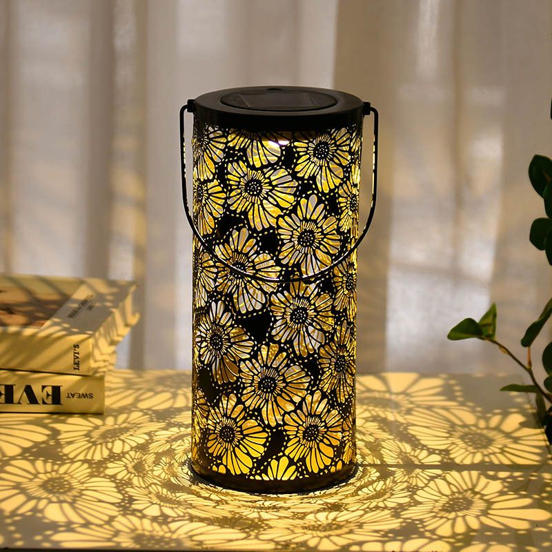 Solar Lanterns Outdoor Hanging Lantern Lights, Chrysanthemum Hollowed-Out Metal Decor Lantern, Waterproof LED Decorative Garden